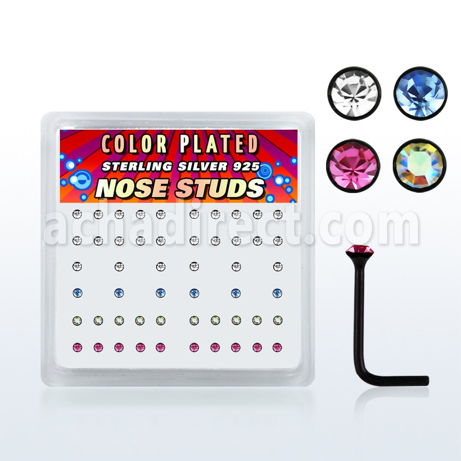 nsrbbxm box of black silver nose studs w assorted crystals