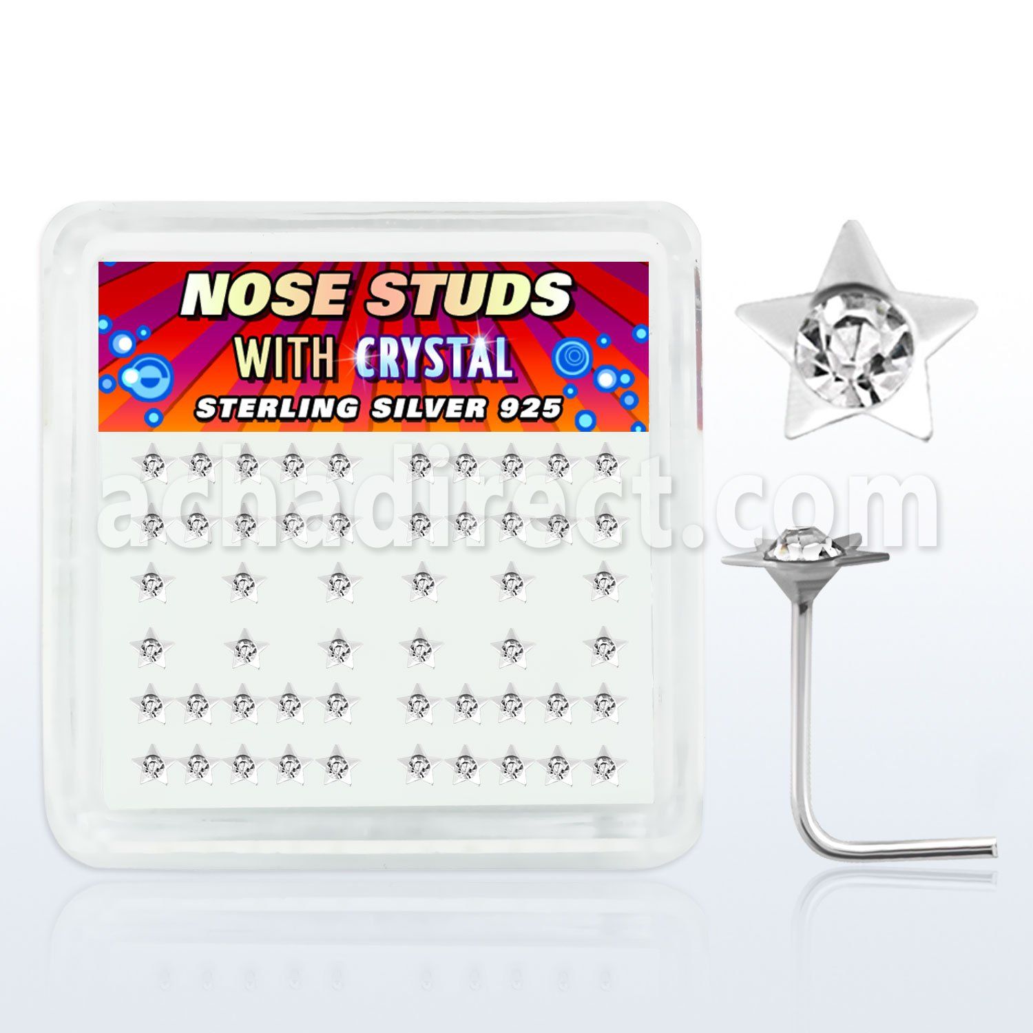 nssarbxc box of silver nose studs with star top w center crystal