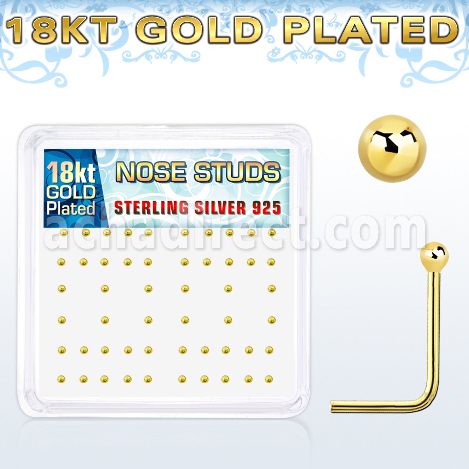 nsx18b box of gold silver nose studs with 18k gold ball tops