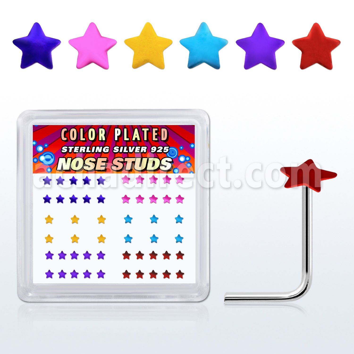 nsxsap box of silver nose studs with 2 3mm color plated star