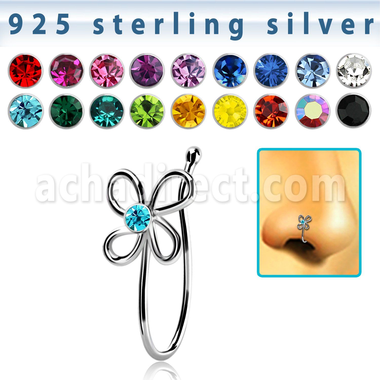 nvcl2 silver fake nose clip w wire flower w central crystal