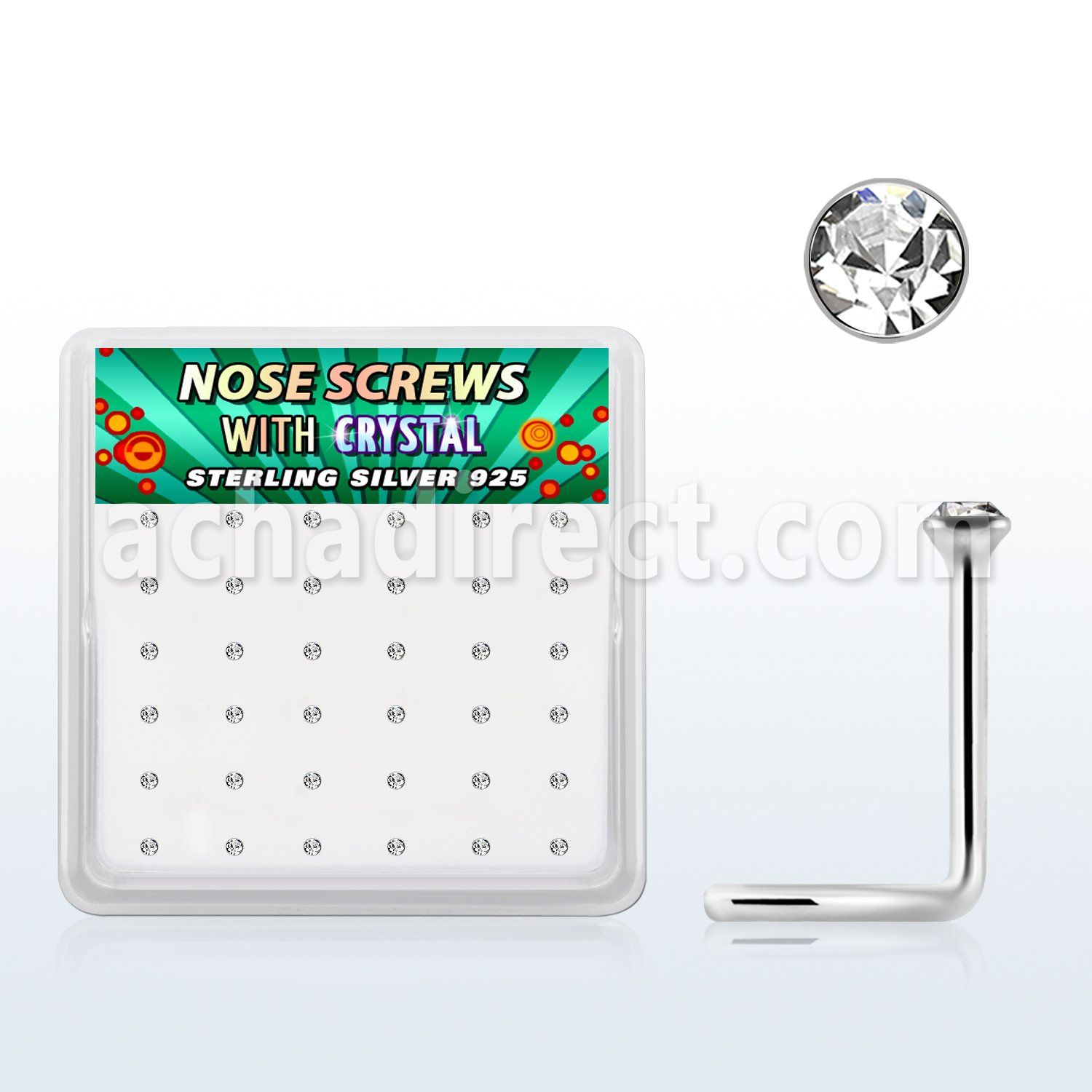 nw9cbx box of silver nose screws, 20g w 1.5mm clear crystal top