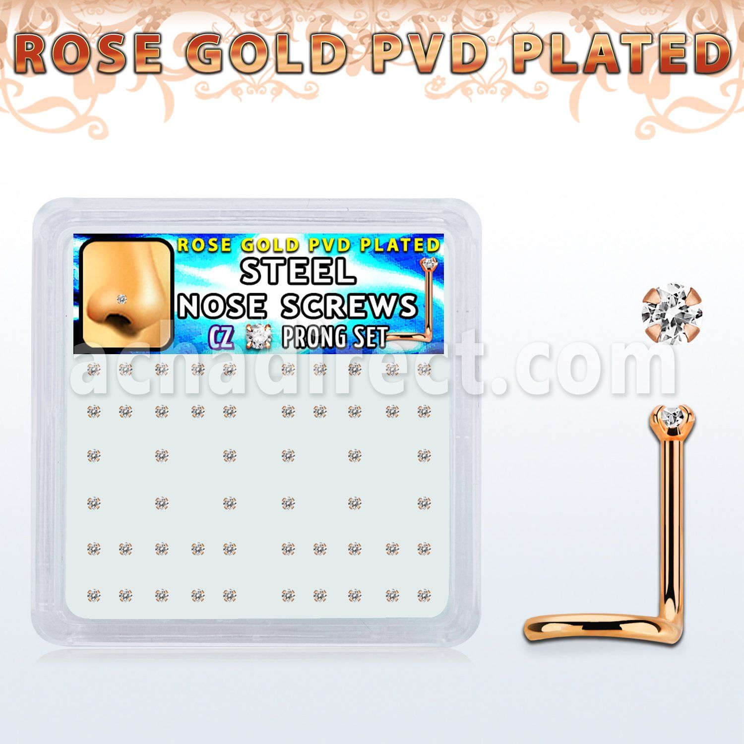 nwttz1xc box w rose gold steel nose screws w 1 5mm clear czs