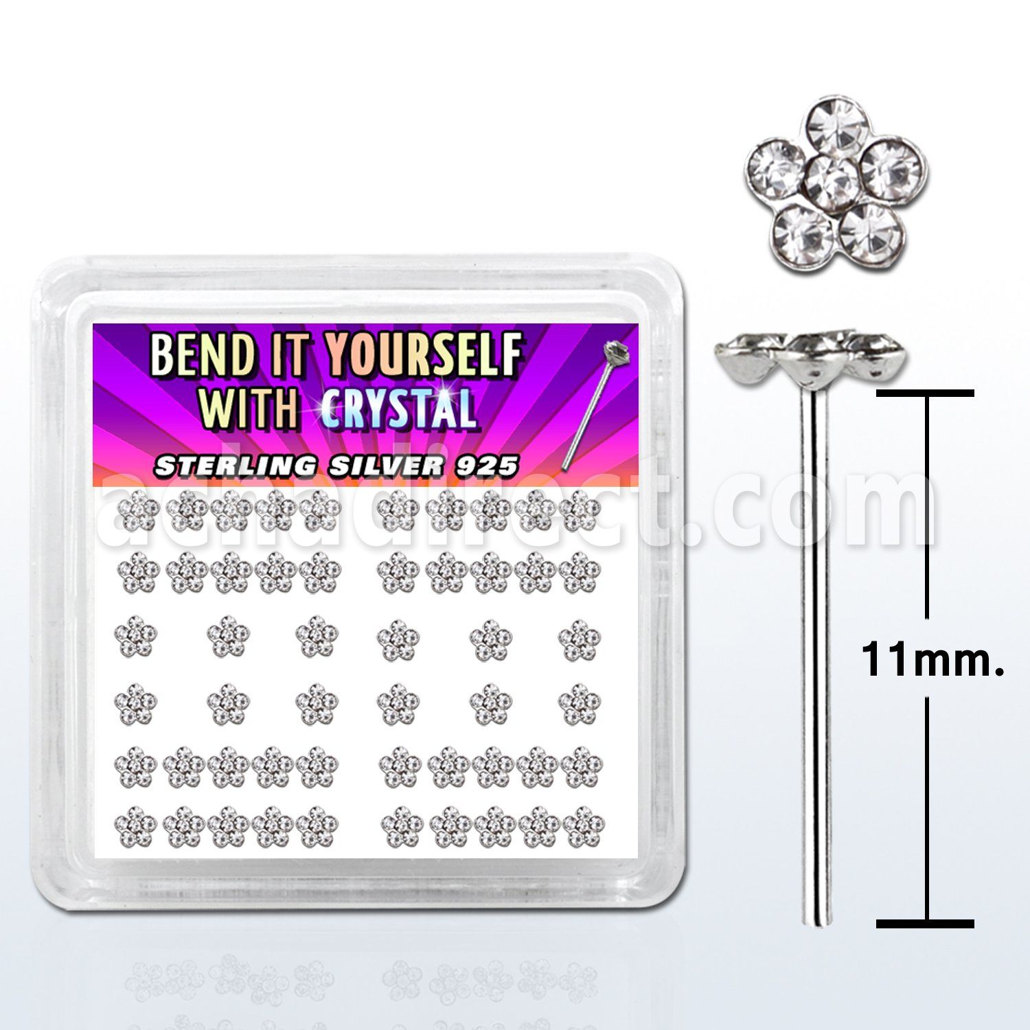 nyflbxc box w silver bend it nose studs w 1mm crystal flower top