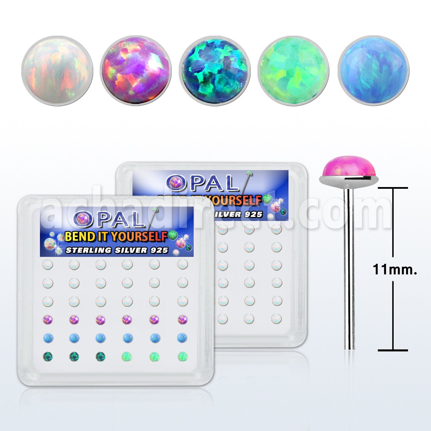 nyo25 box w 36 silver bend it nose studs w 2.5mm opals glued