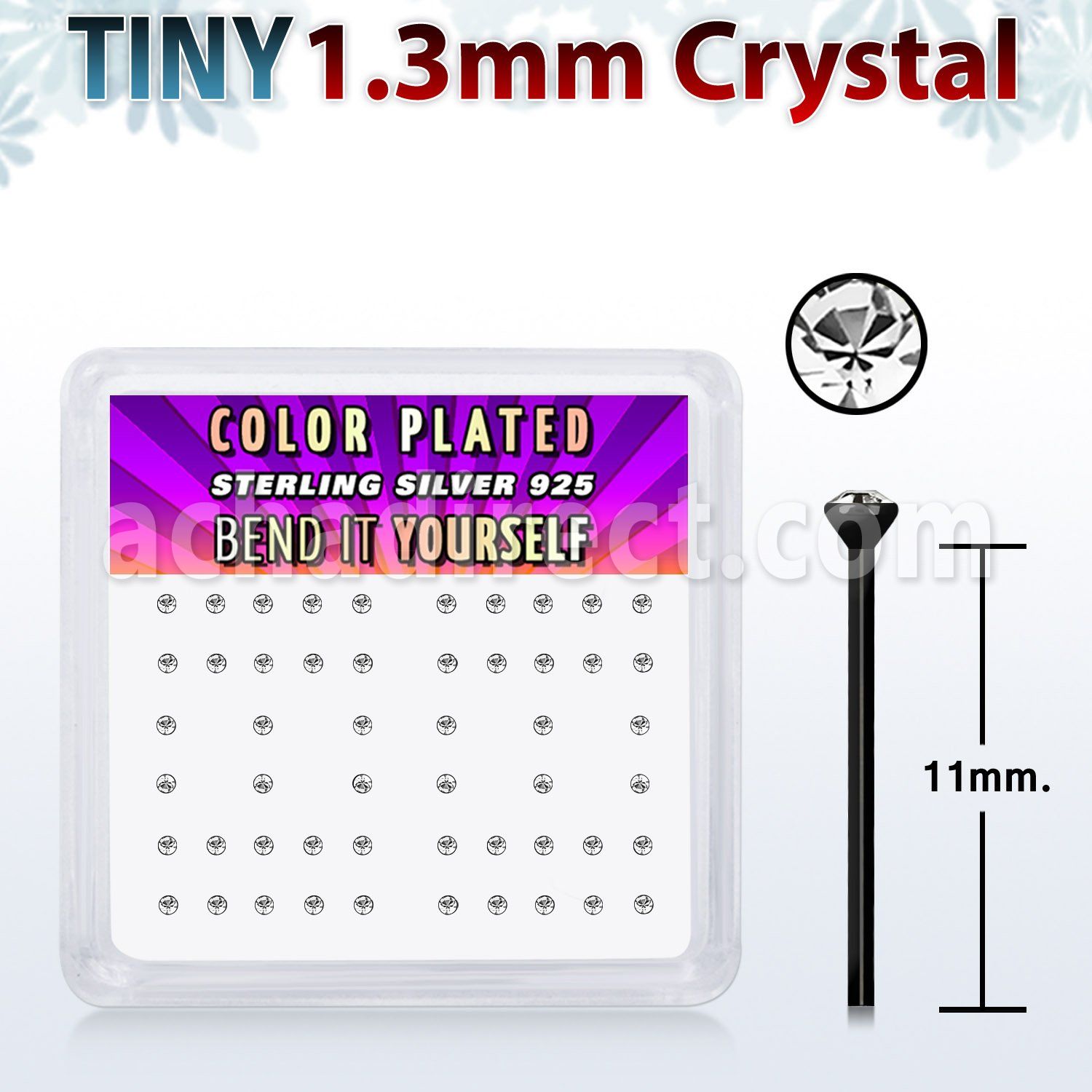 nyrb6xc box w 52 pcs of black plated silver bend it yourself nose studs w tiny 1 25mm clear round crystal tops