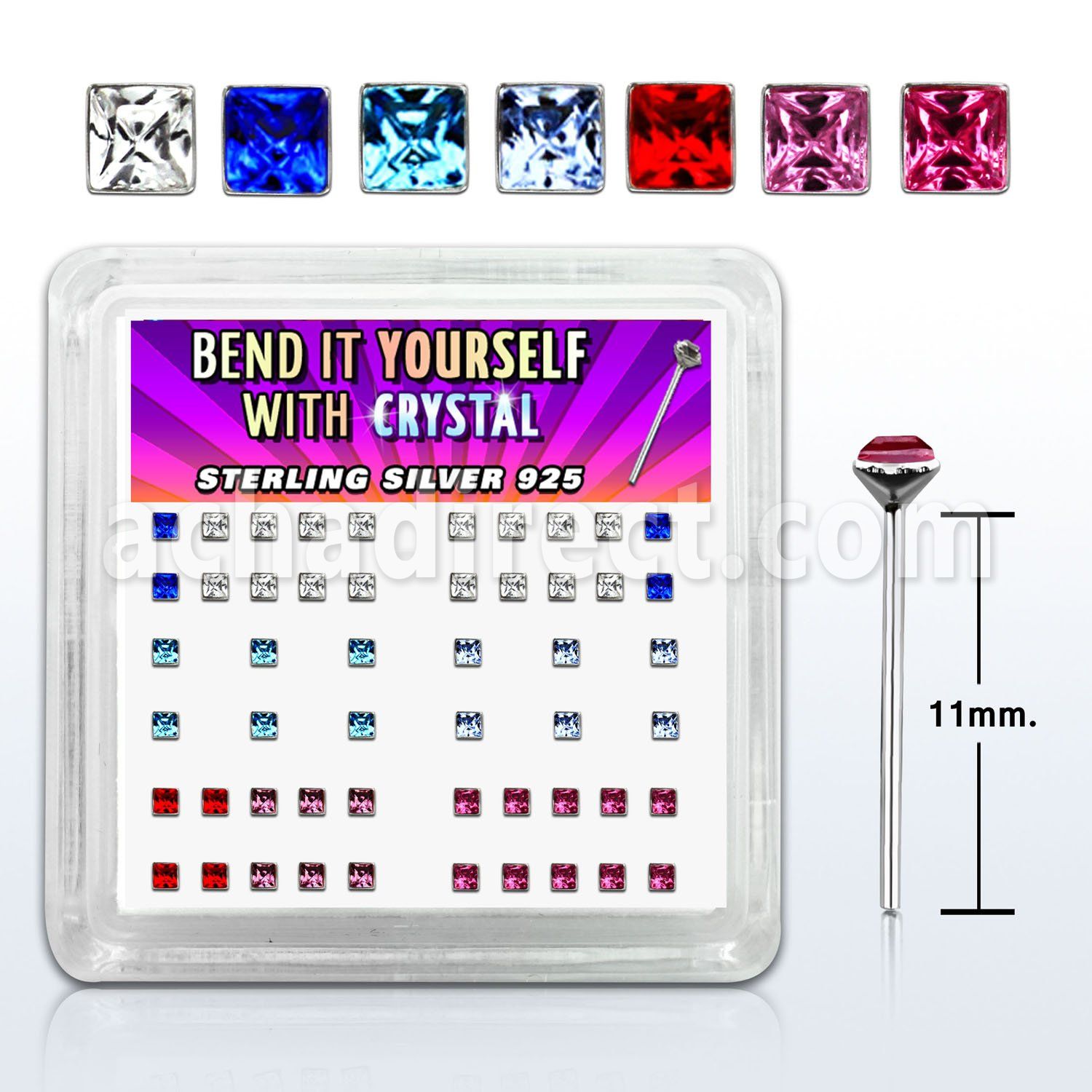 nysqbx box of silver bend it nose studs w square crystals