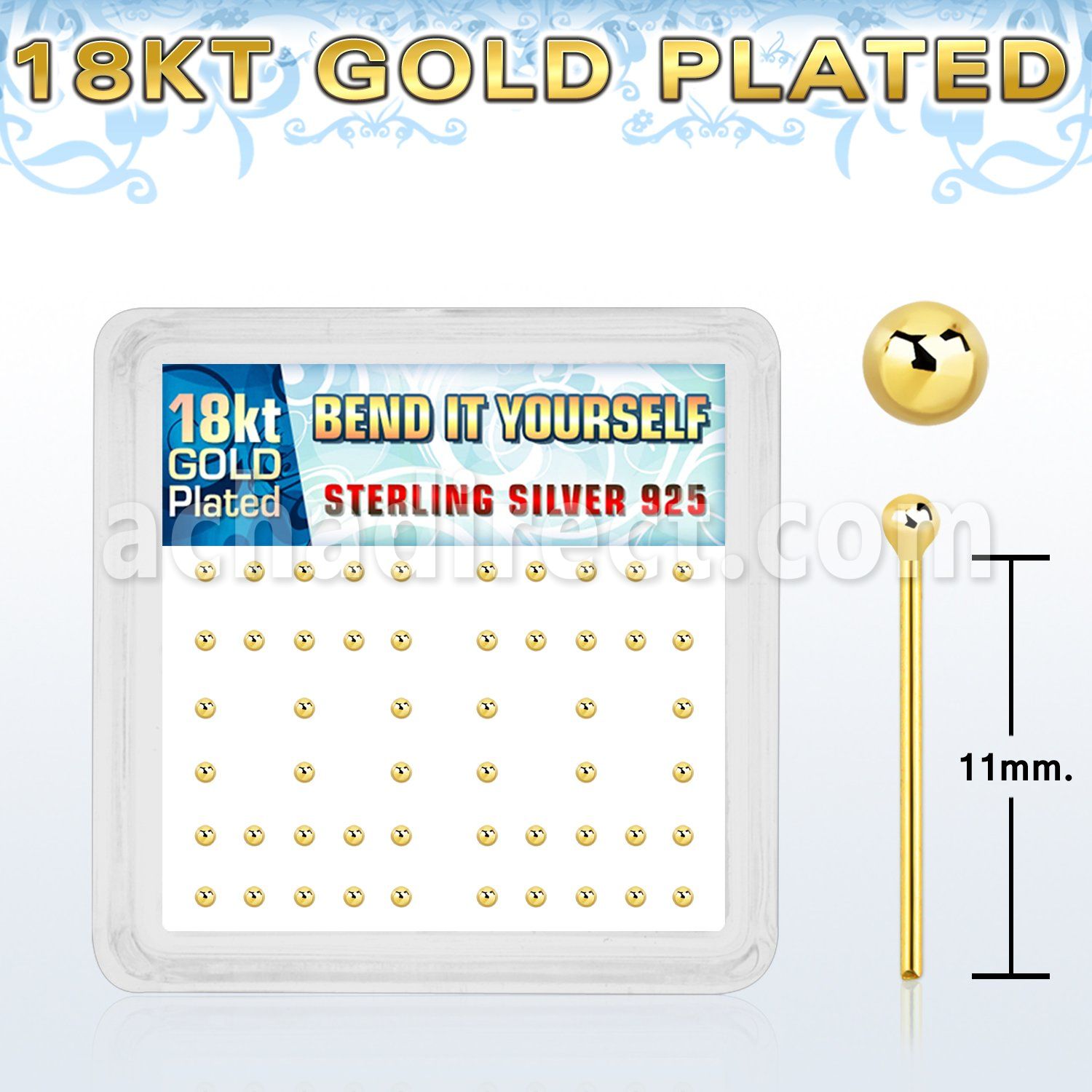 nyx18b box of silver bend it nose studs w 18k gold ball top