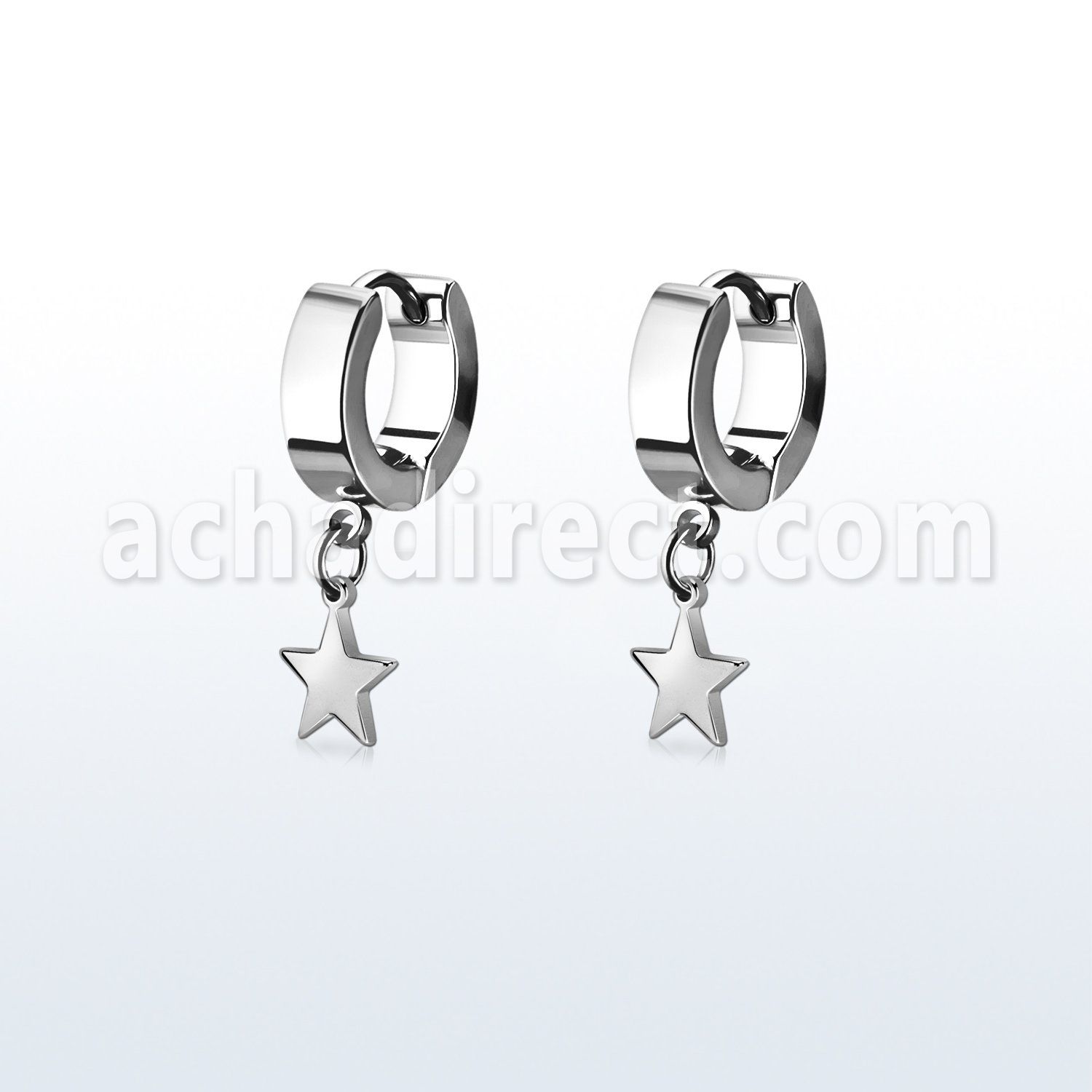 pair of steel huggies earrings w a plain steel star 