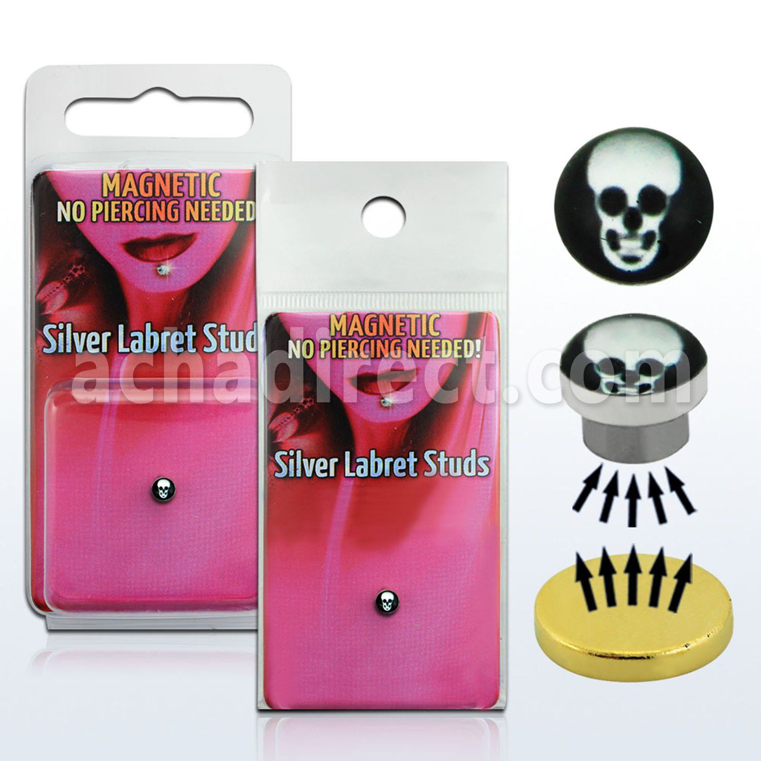 pkml6 silver magnetic fake labret stud w skull on black logo