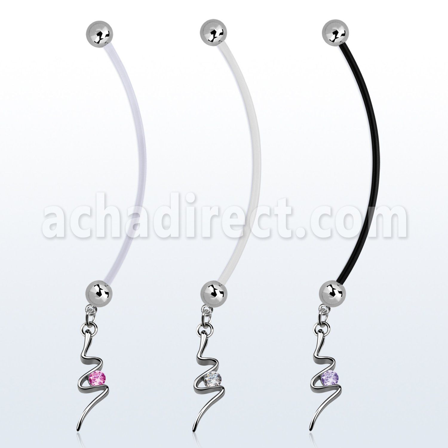pndz13 pregnancy belly ring w dangling swirl with a round cz 