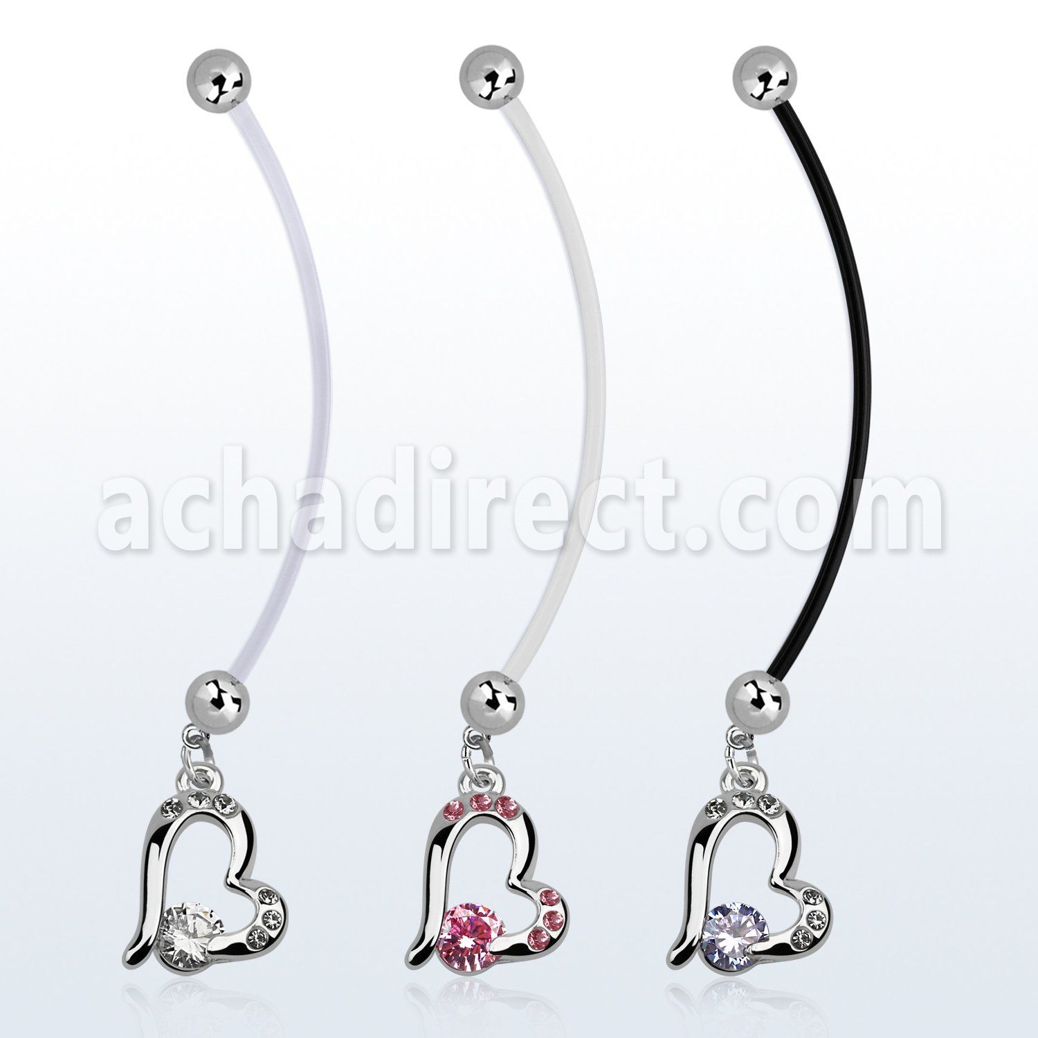 pndz362 pregnancy belly ring w dangling heart w a prong set cz