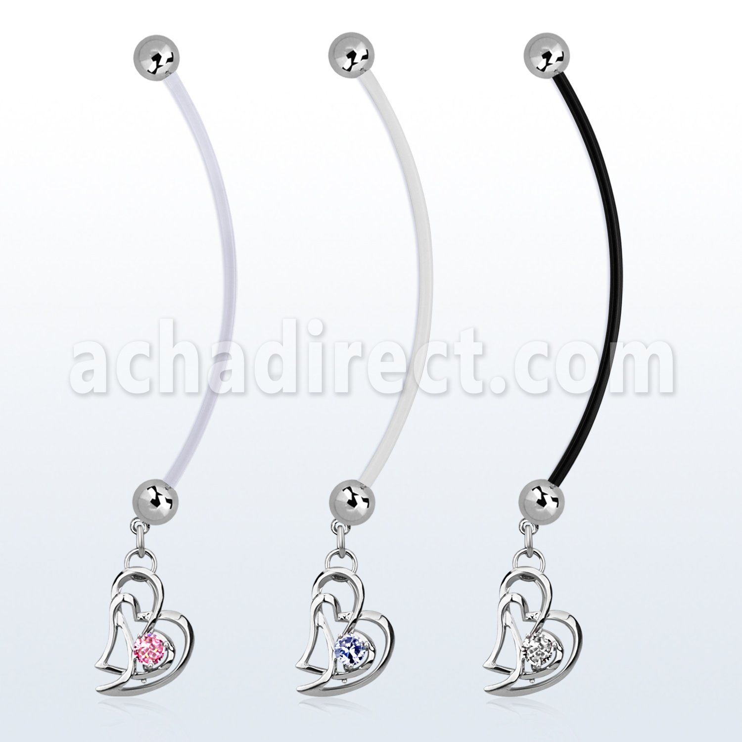 pndz373 pregnancy belly ring w dangling double heart w round cz