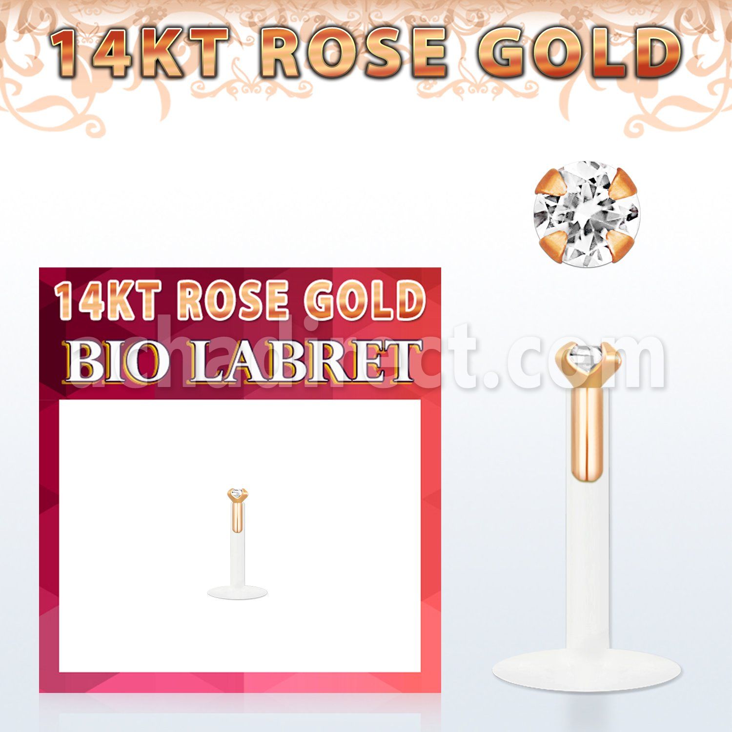 rbizcs bio flex labret w push in 14k rose gold top w 1.5mm cz