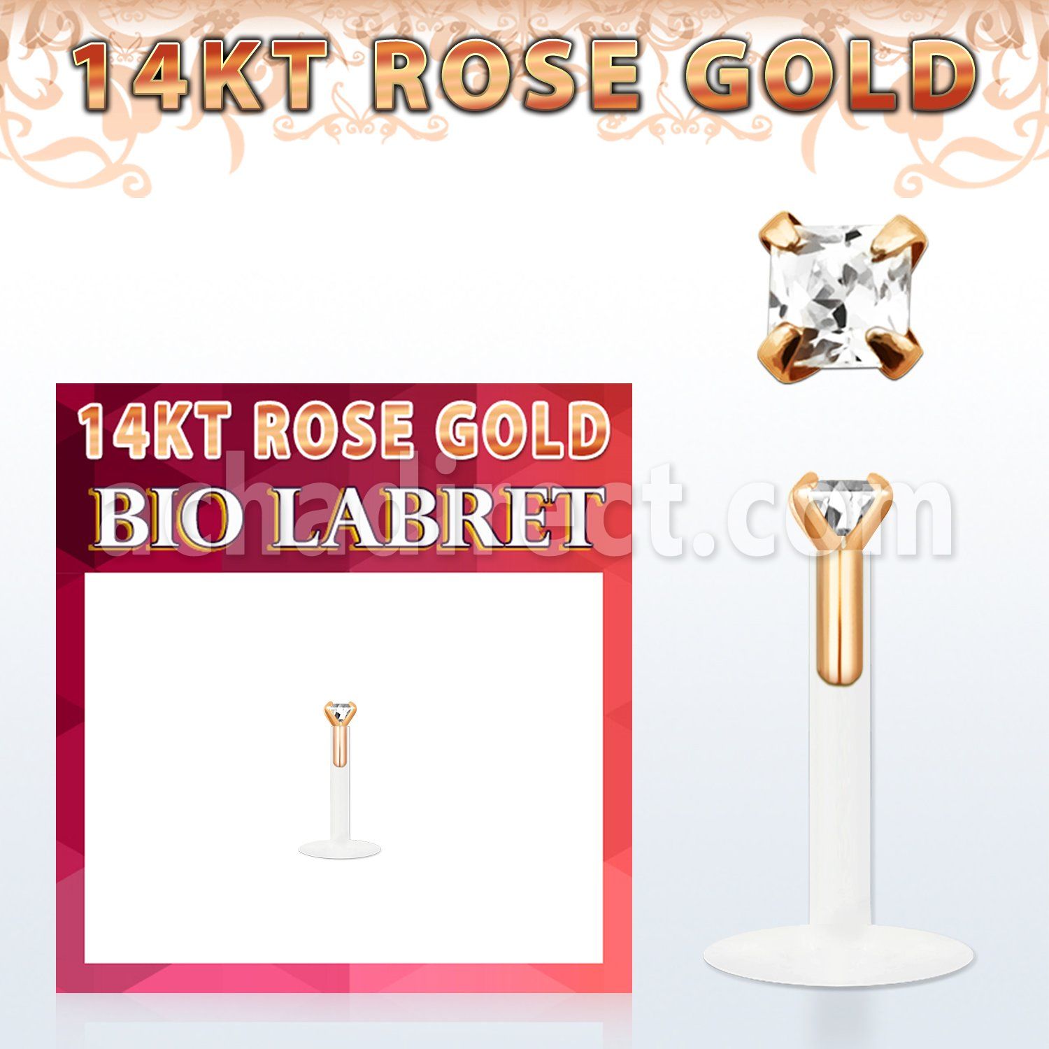 rbizqc bio flex labret w push in 14k rose gold top w square cz