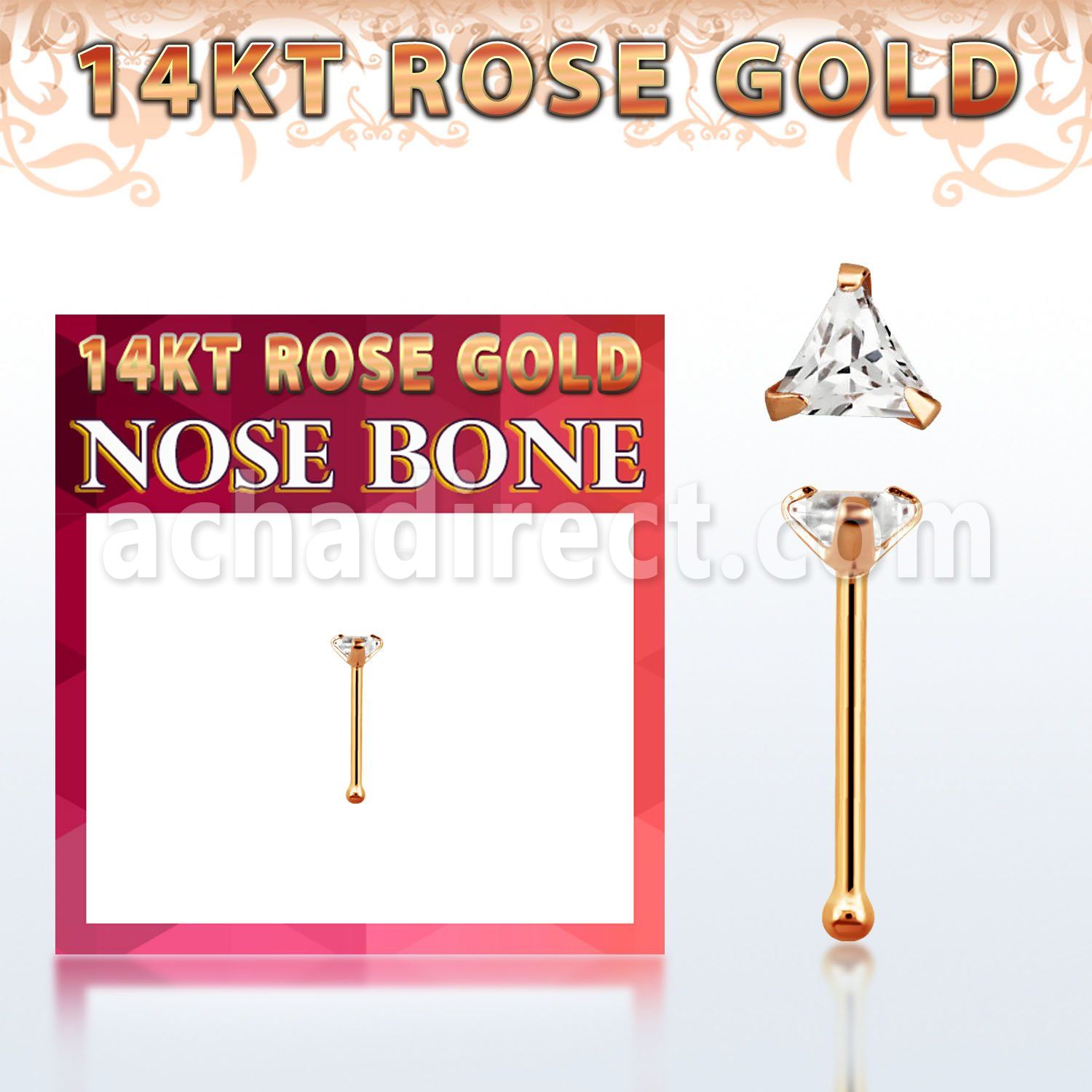 rnbtc1 14kt rose gold nose bone w a 3mm triangle shaped cz