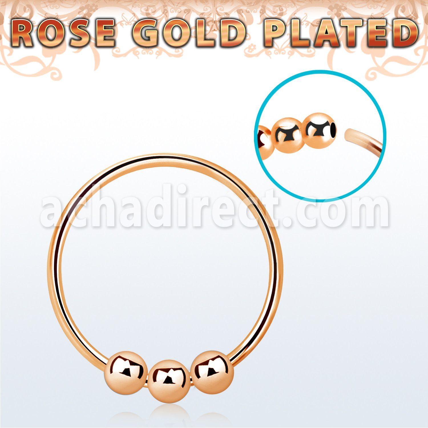 rose gold plated silver nose hoop w three 2mm balls 