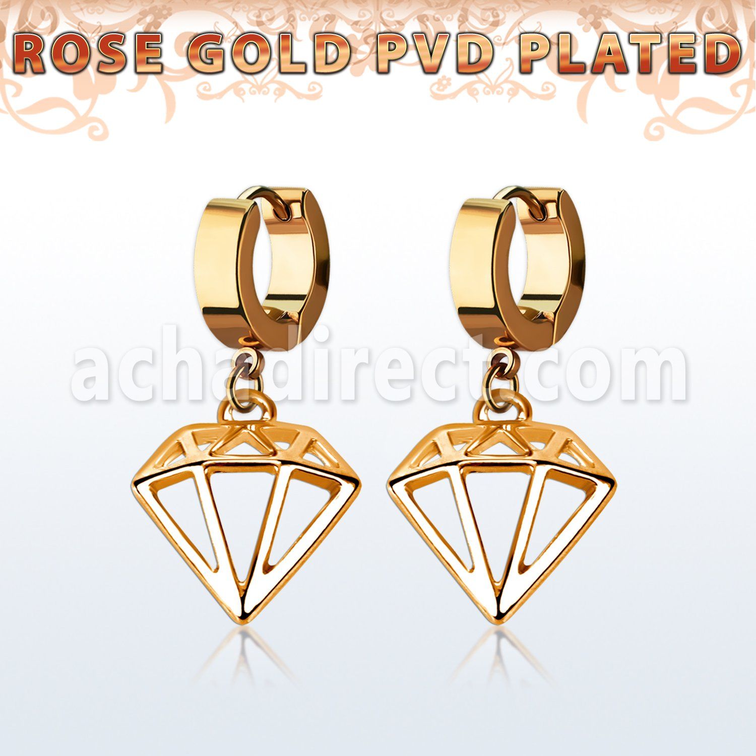 rose gold stainless steel huggie w a diamond dangling