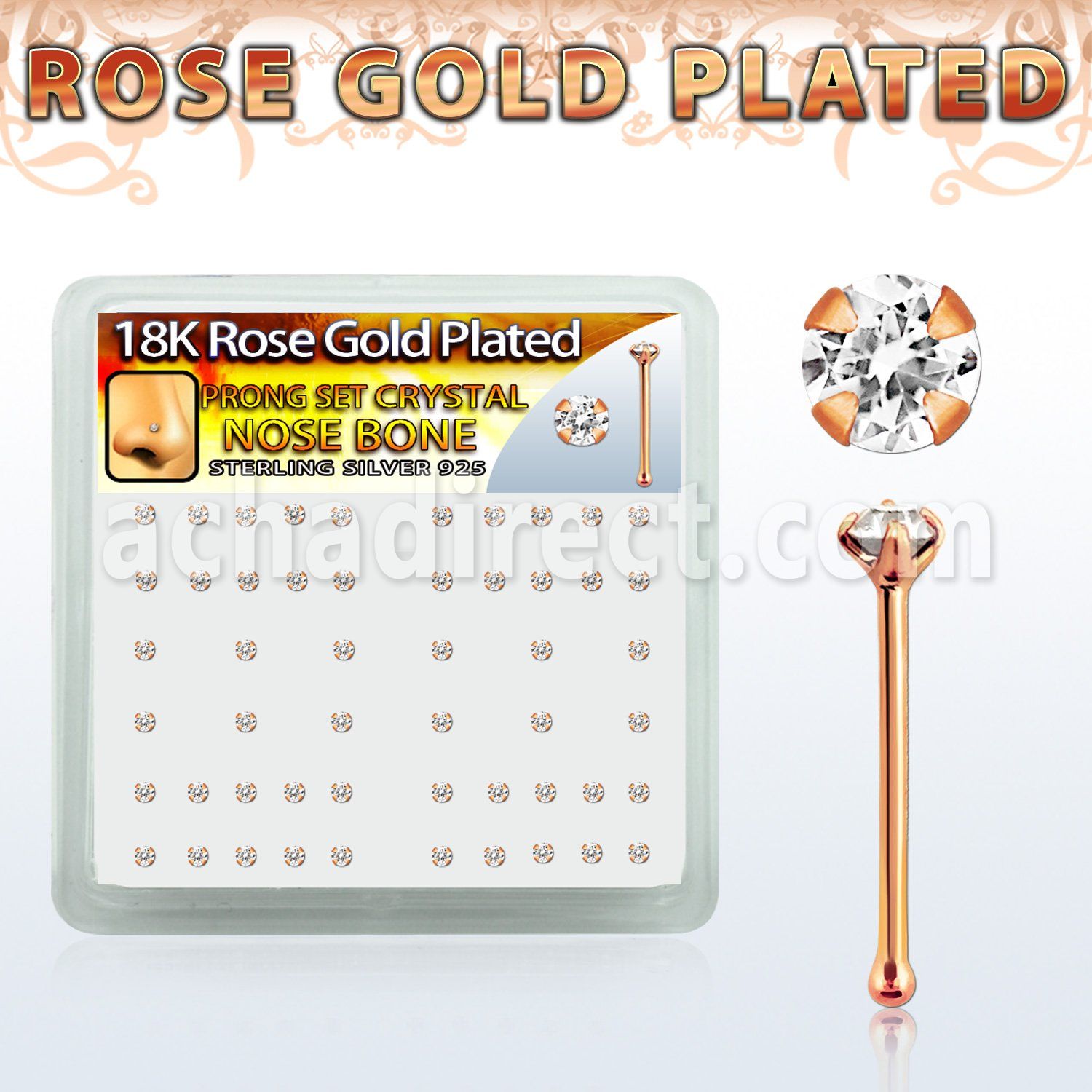 rsbp14xc box w rose gold plated silver nose bone w 2mm crystal