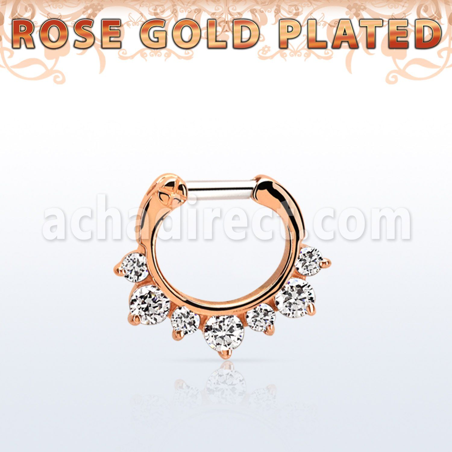 rseph14 rose gold silver septum clicker w 3 big + 4 smalls czs