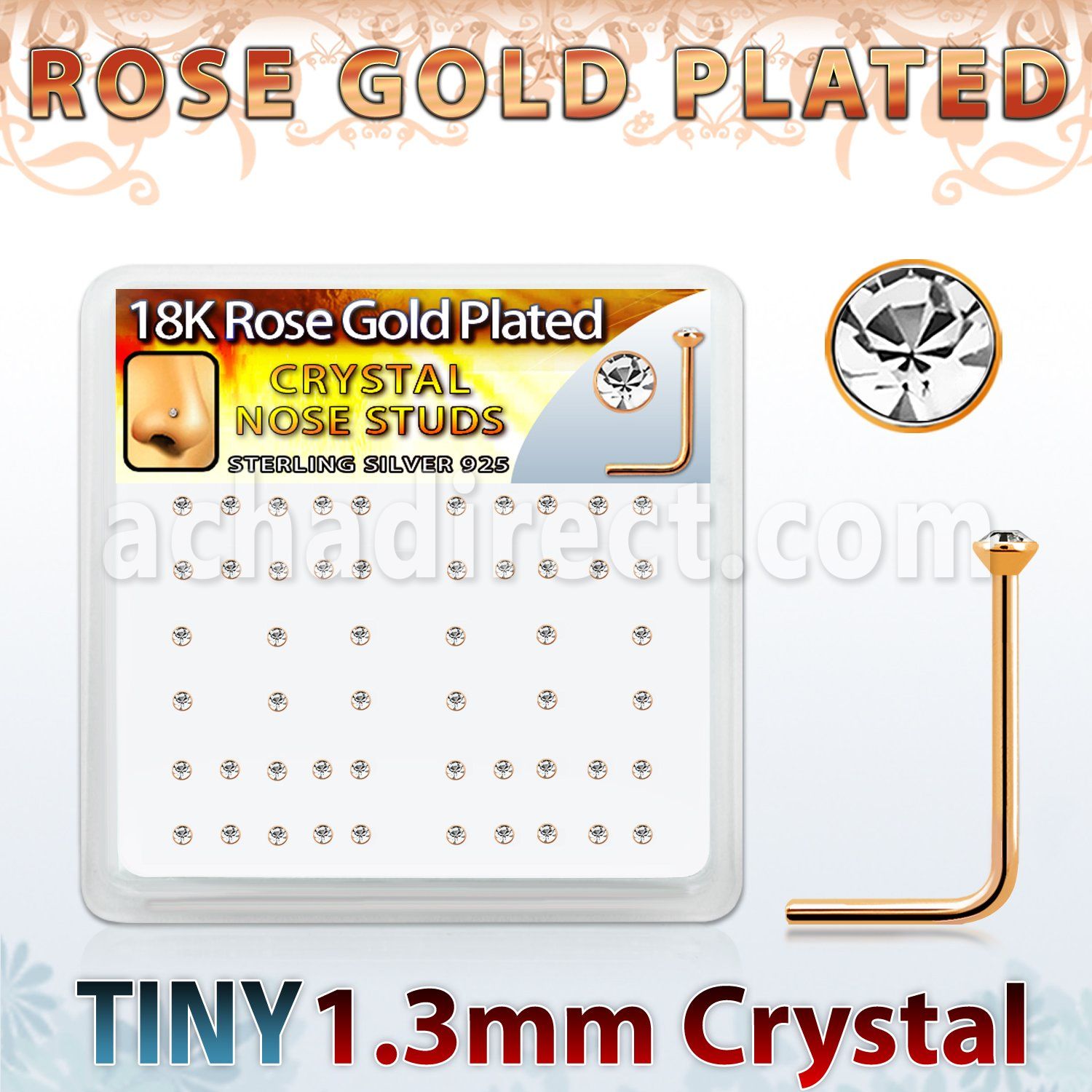 rss6xc box rose gold silver nose studs w 1.25mm clear crystals