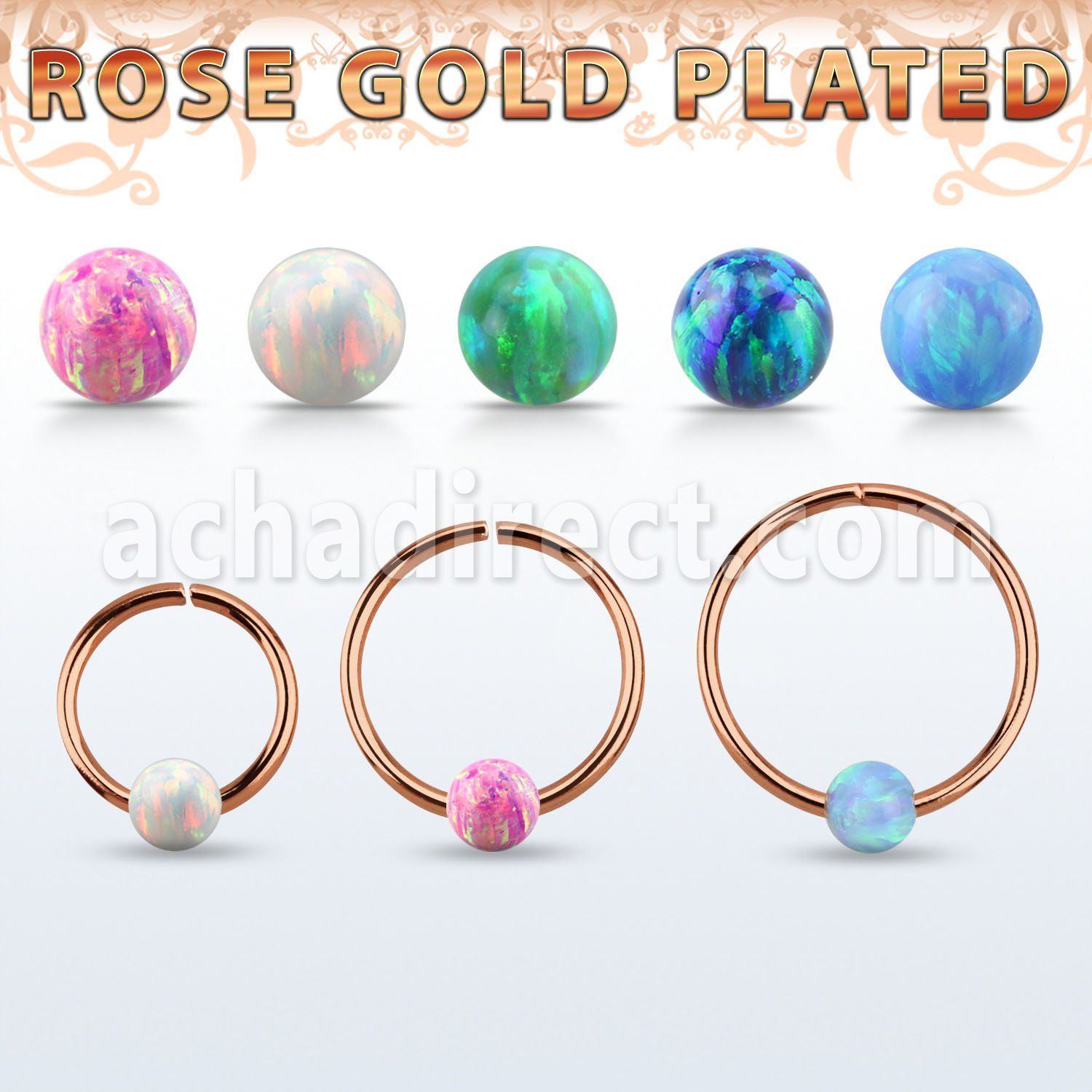 rsselo22 rose gold silver seamless ring, 22g w 3mm opal ball