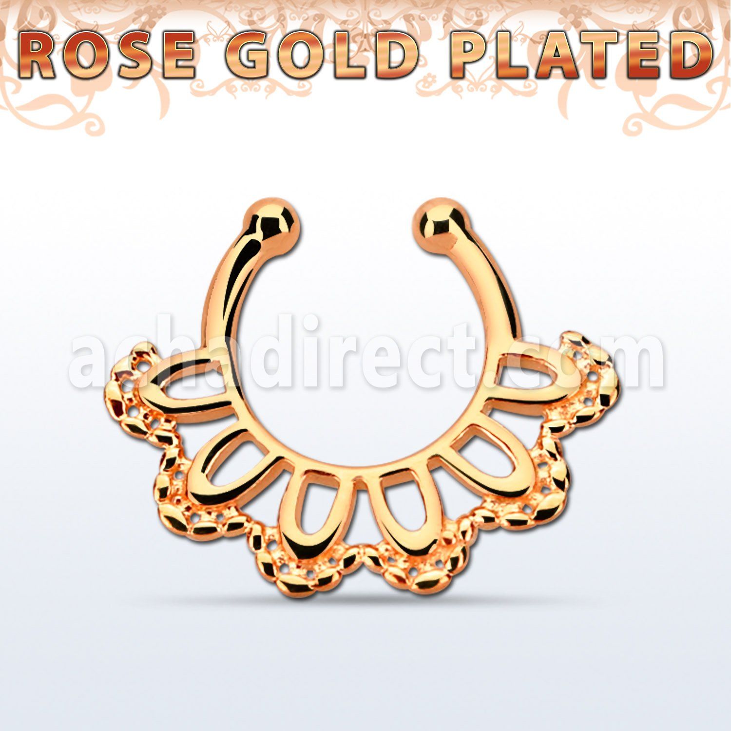 rssepd3 rose gold silver fake septum clicker in a indian leaf