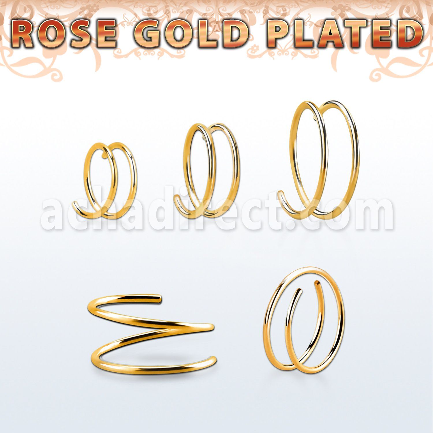 rsspr22 silver spiral nose ring, 22g w 18k rose gold plating