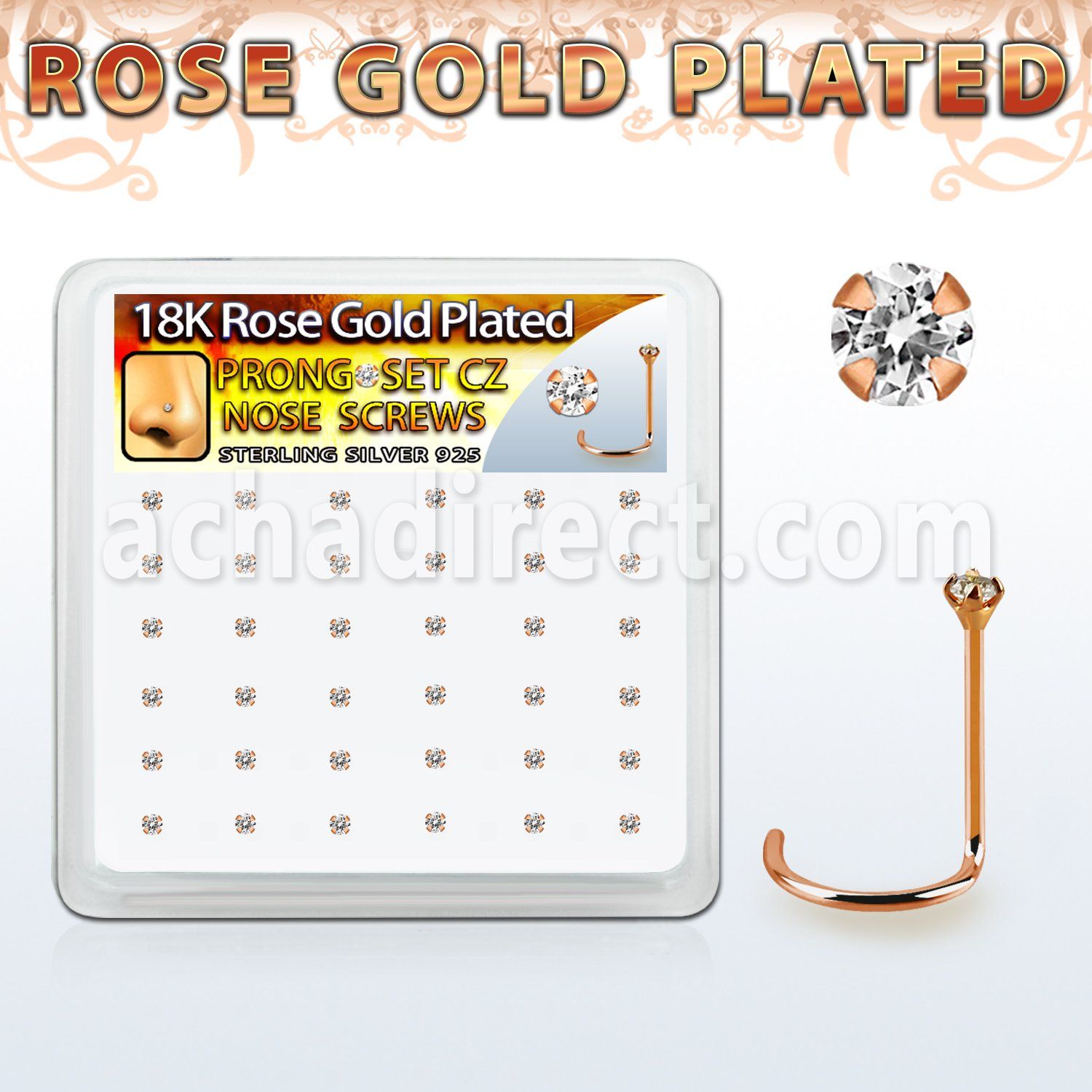 rswz12xc box w rose gold plated silver nose screw w set 1.25mm cz