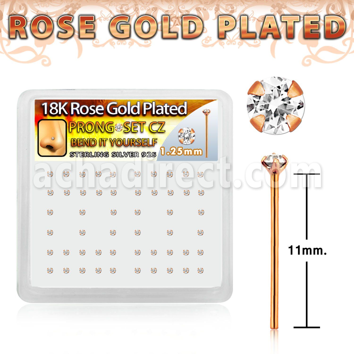 rsyz12xc silver bend it yourself nose studs tiny 1 25mm clear prong set cz stones w rose gold plating