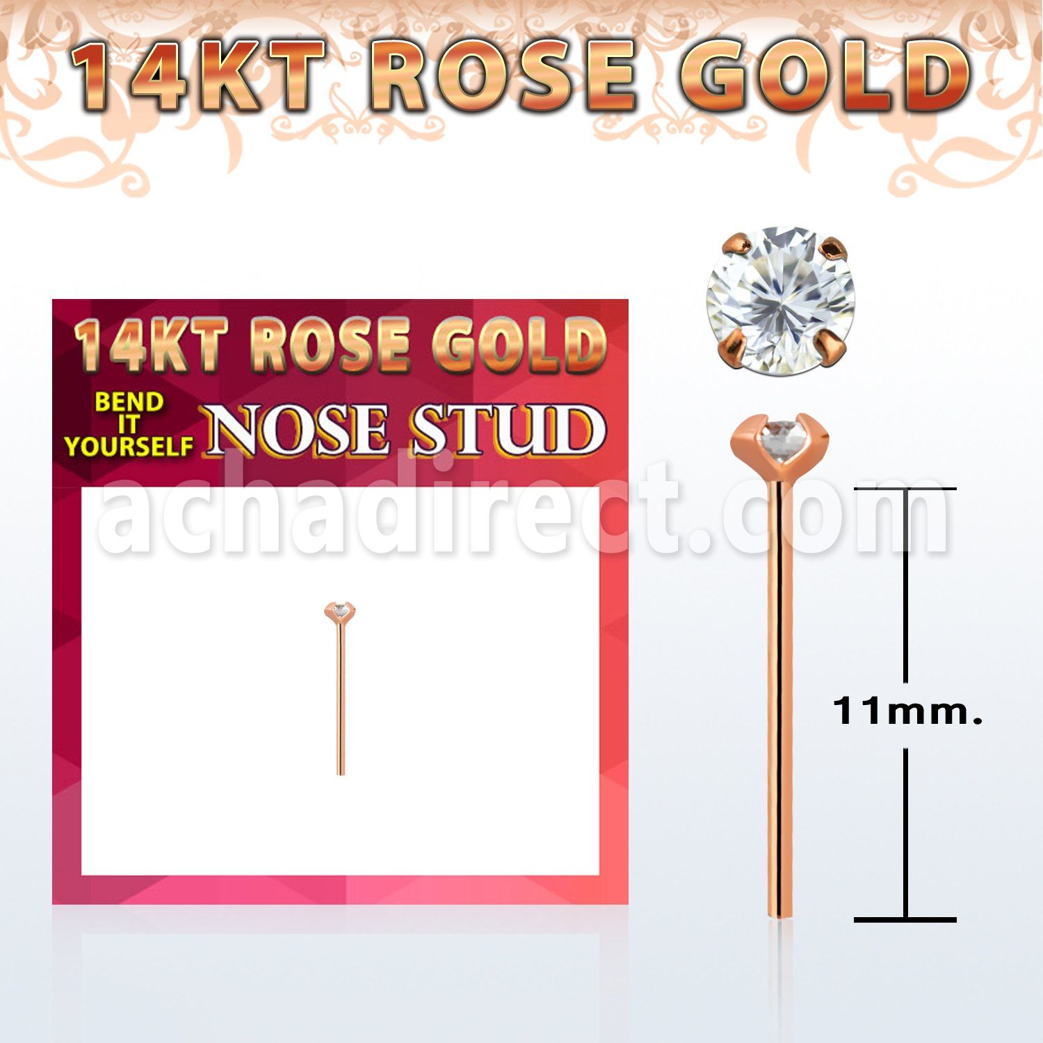ryzc1 14kt rose gold bend it nose stud w a 2mm round cz