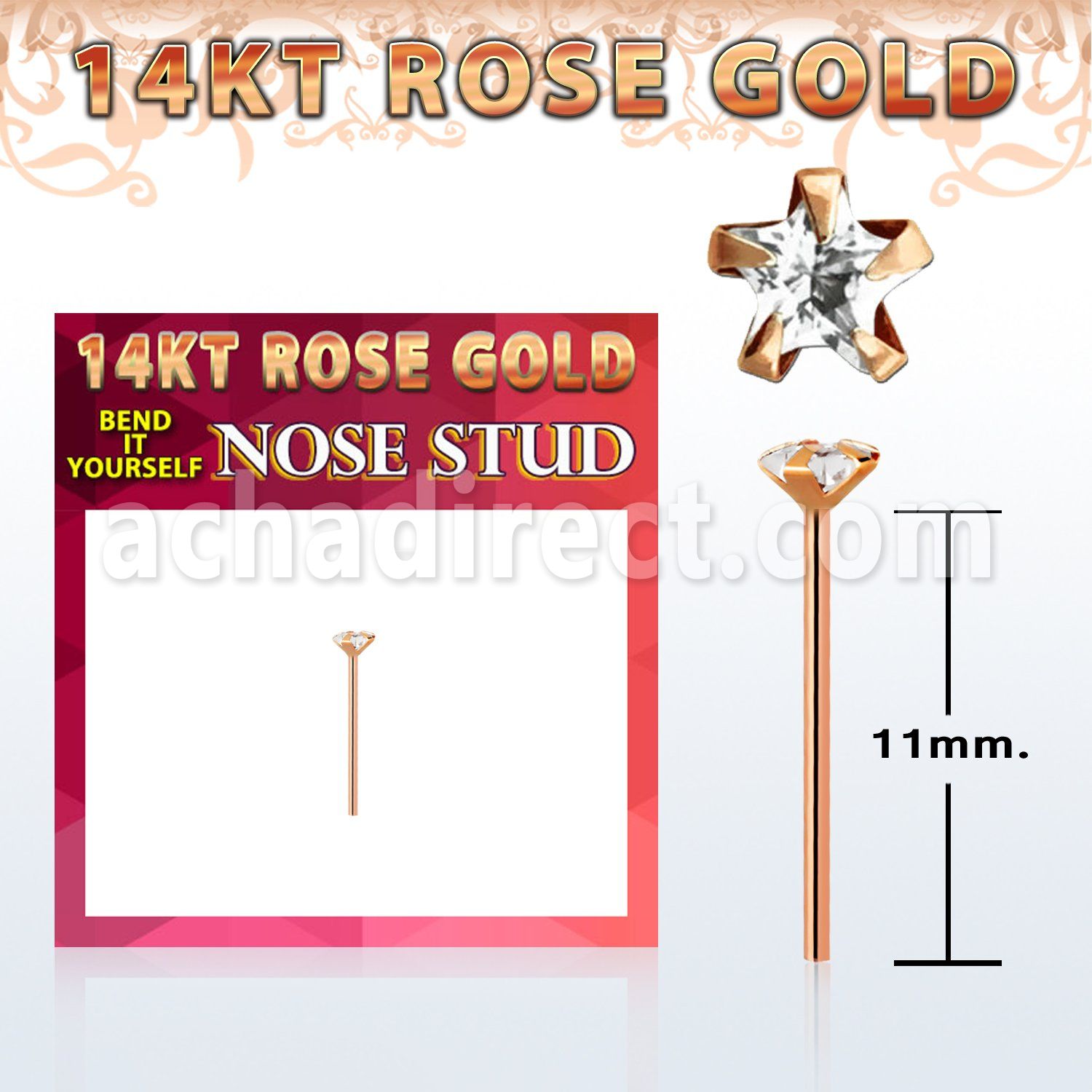ryzsc1 14kt rose gold bend it nose stud w a 3mm star shaped cz