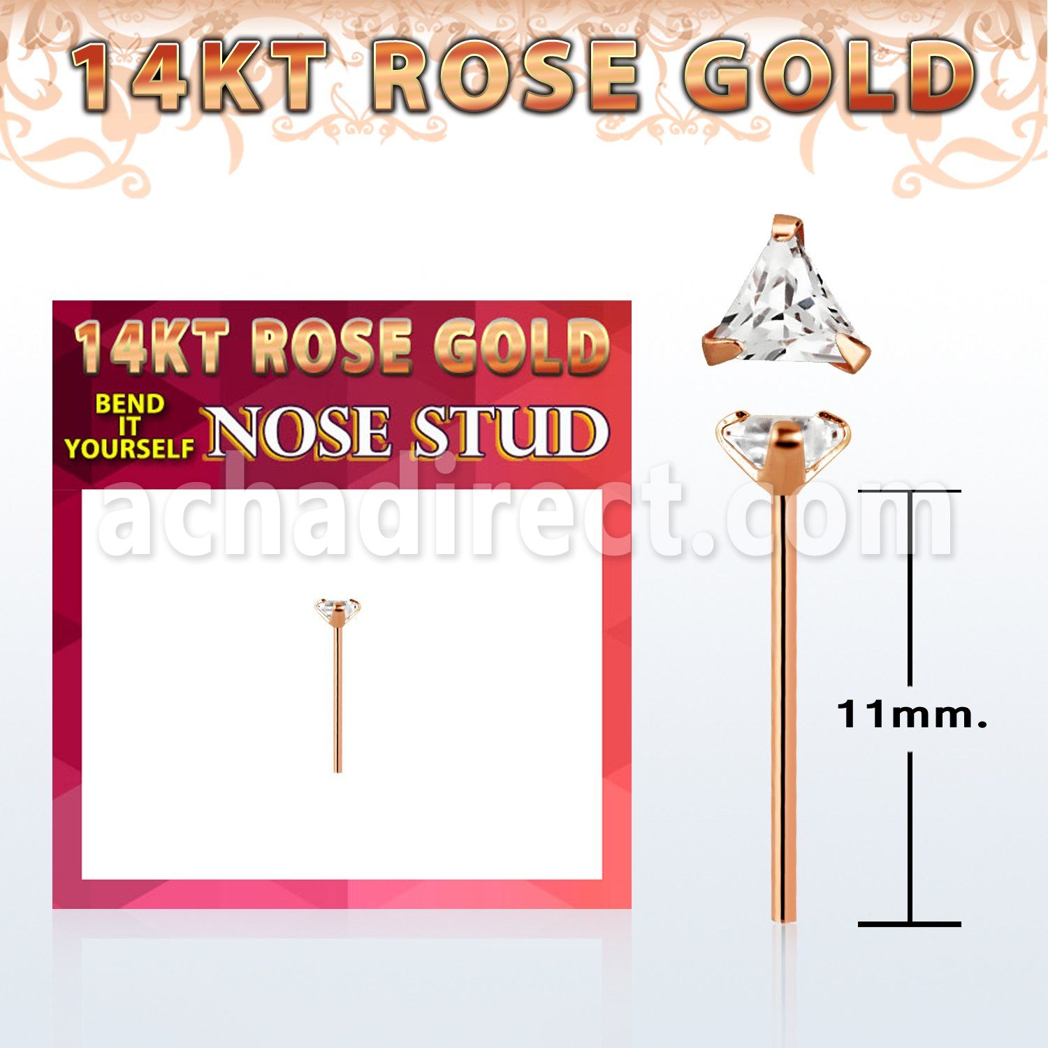 ryztc1 14kt rose gold bend it nose stud w a triangle shaped cz