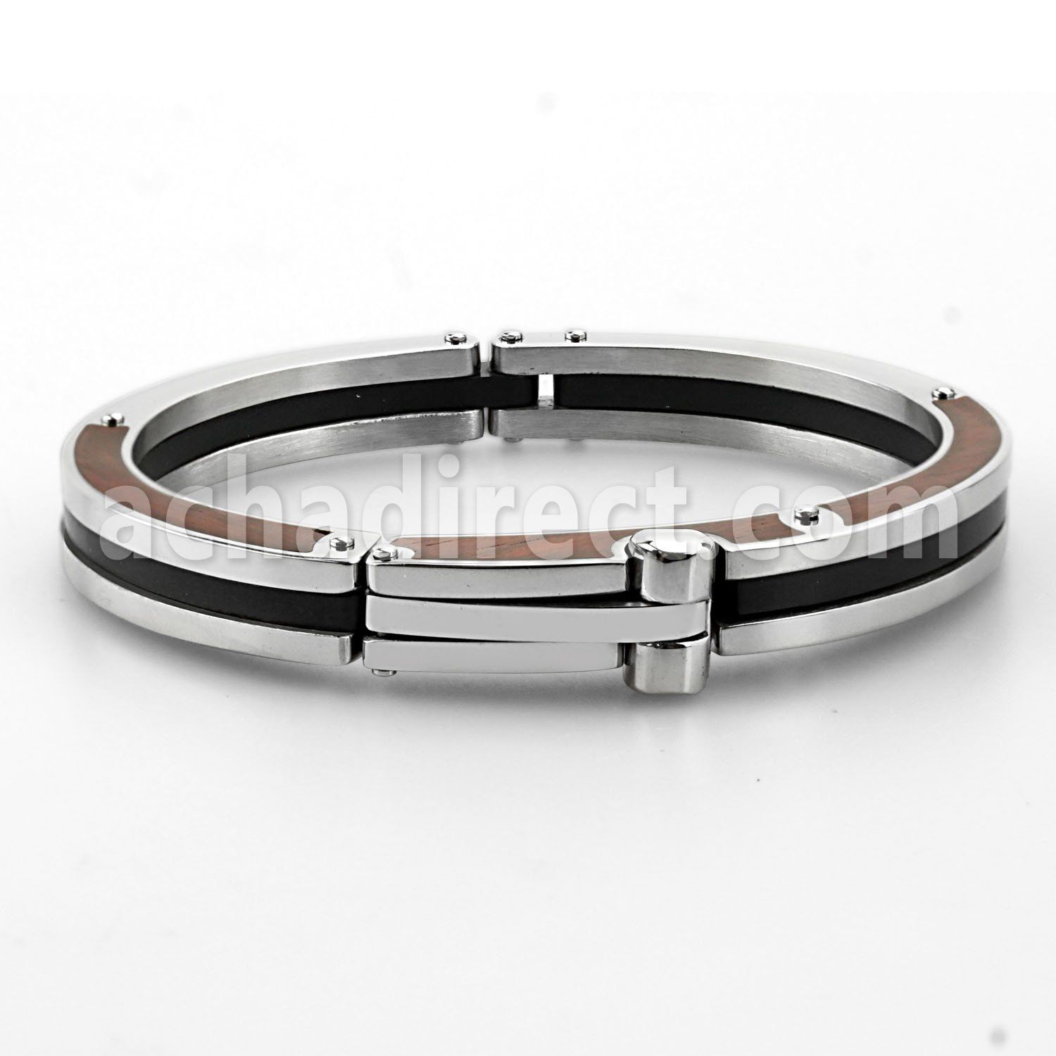 sb70 high polished steel bracelet with wood inlay accent
