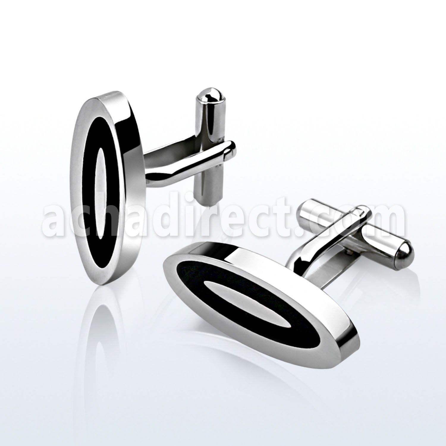 scl1 pair of polished oval steel cufflinks with black inlays
