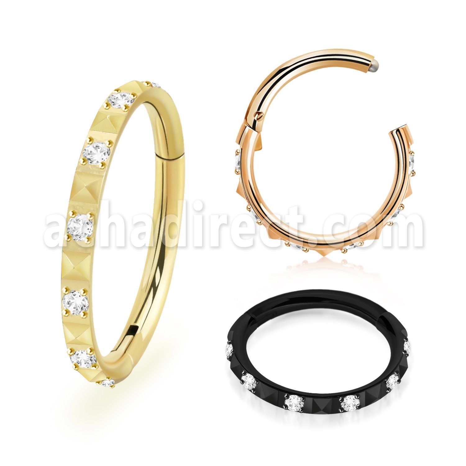 sgsh44t pvd plated steel hinged segment ring 16g cz pyramid