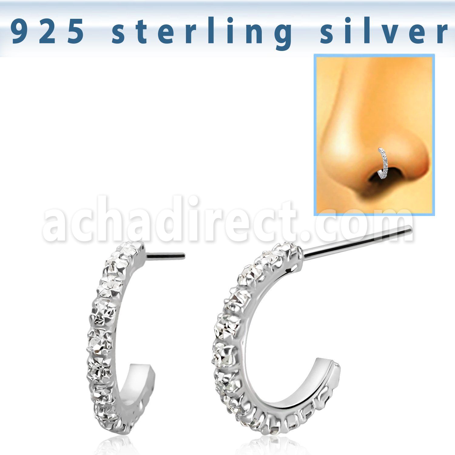 silver bend it nose stud w clear crystal curved top