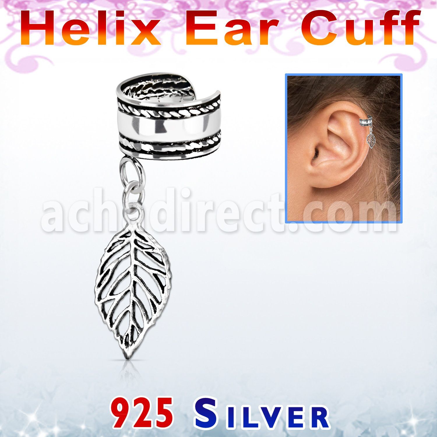 silver helix ear cuff w a rope edge w a leaf dangling 