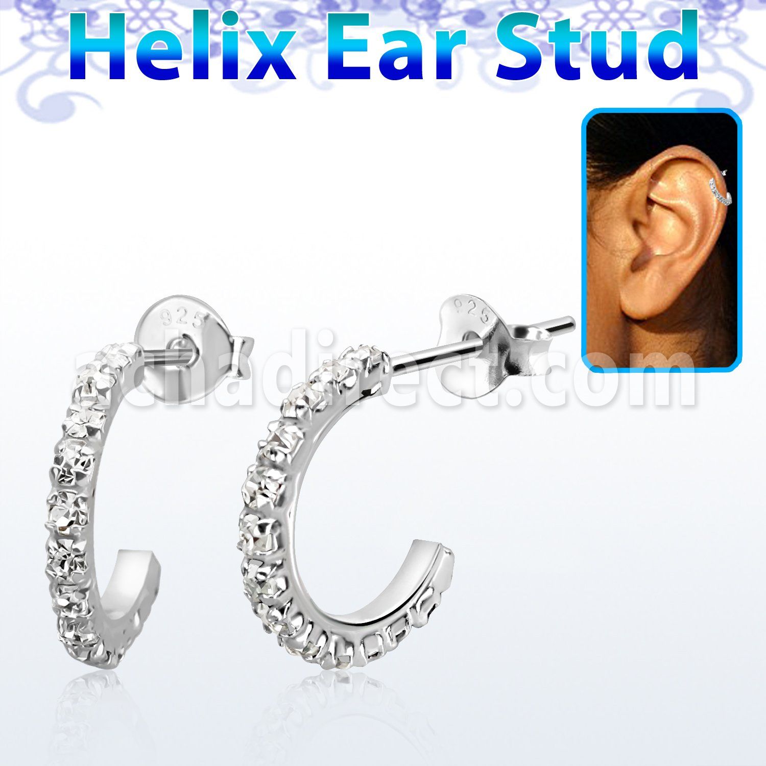 silver helix ear stud w curved crystals tops