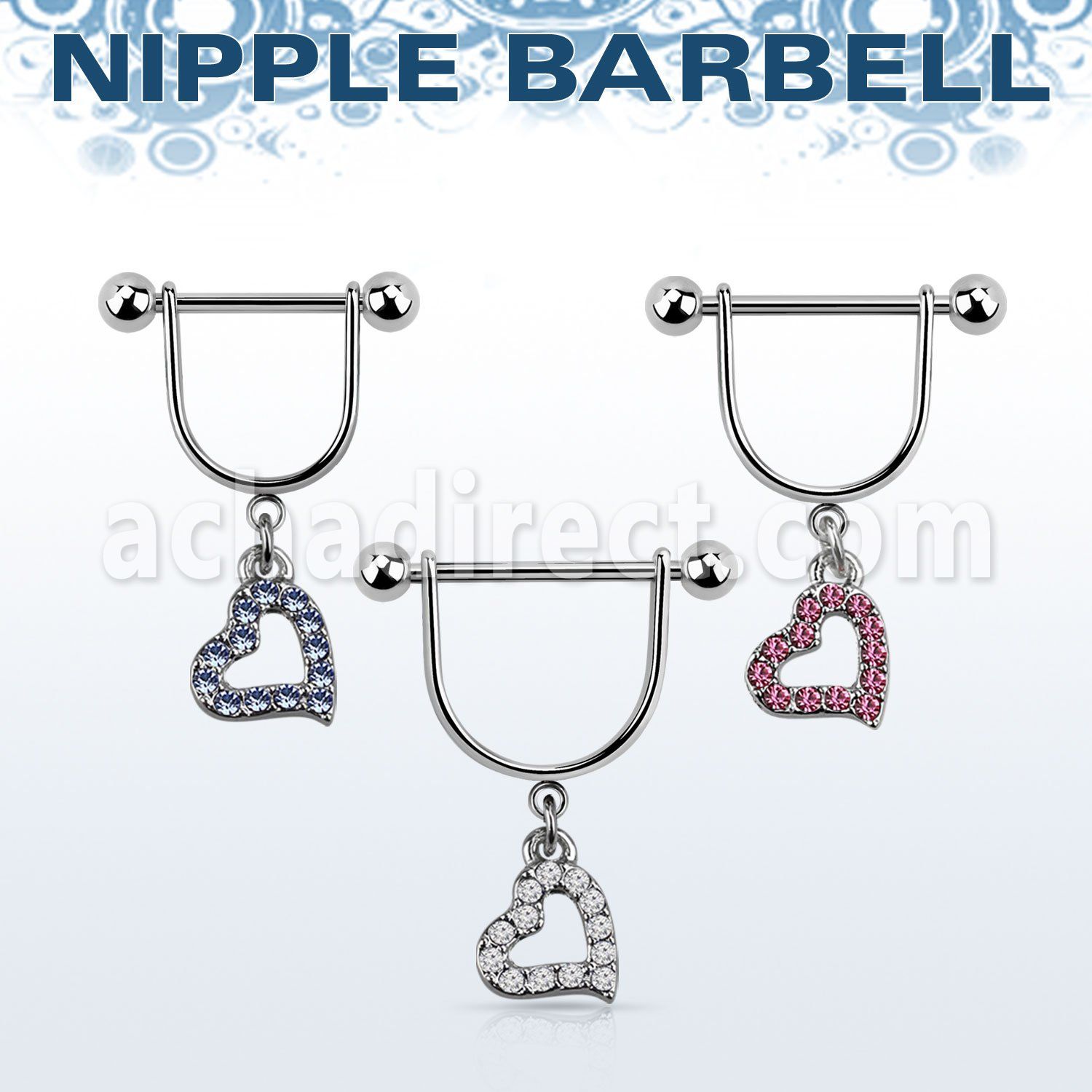 snpod16 316l steel nipple stirrup w crystal studded heart