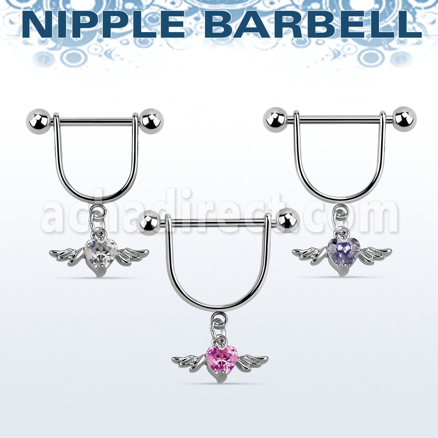 snpoz3 steel stirrup nipple ring w dangling cz heart w wings