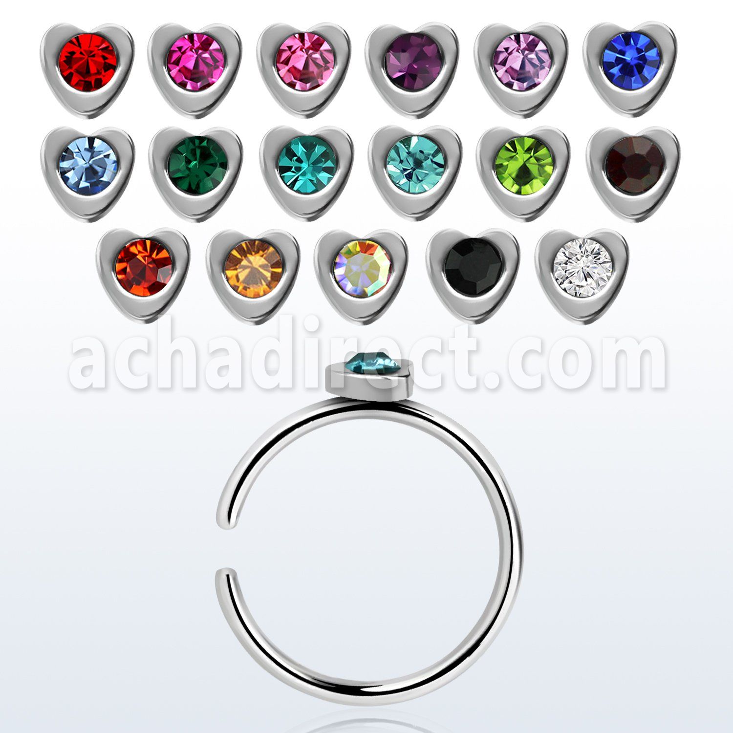 snr3 316l steel clip on nose ring w heart shaped crystal top
