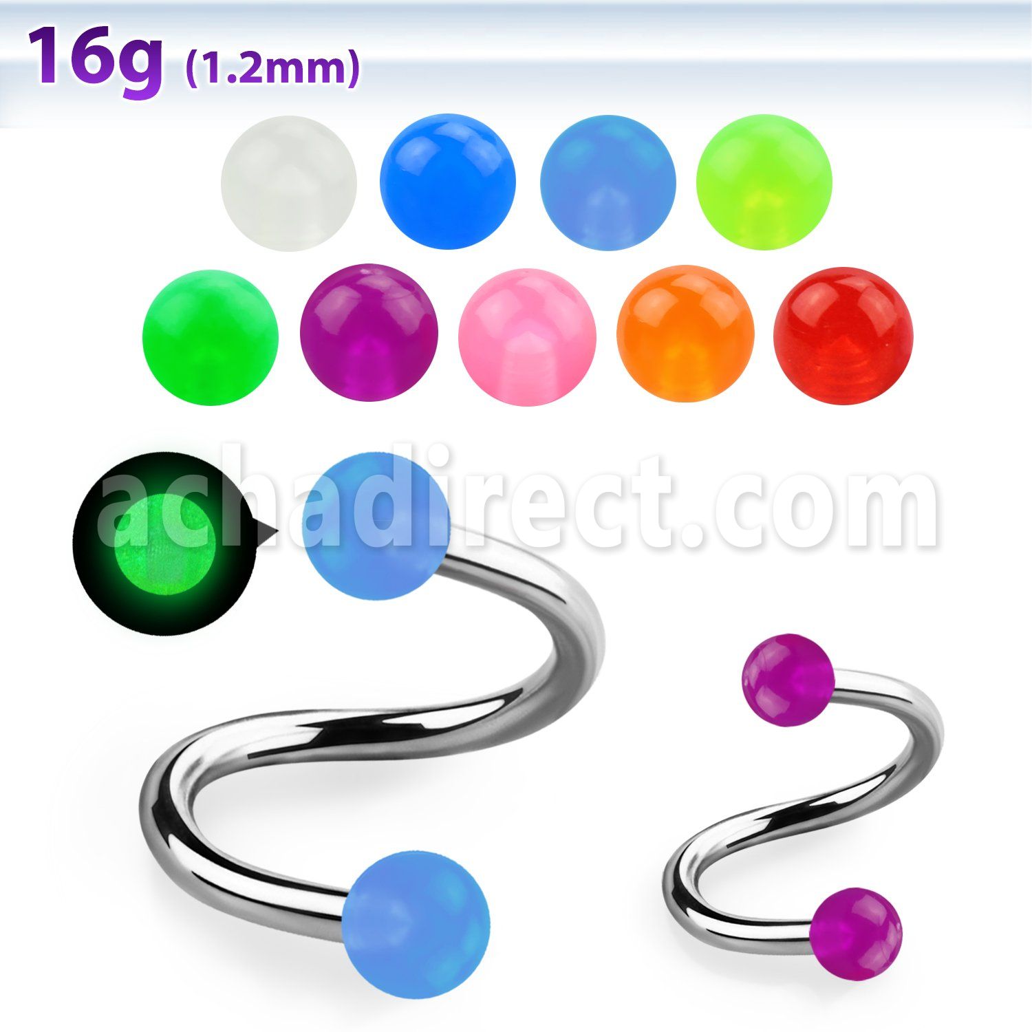 speglb 316l steel eyebrow spiral with 3mm acrylic glow balls