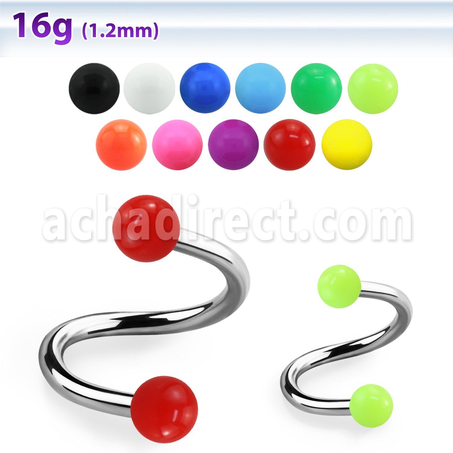 spesab 316l steel eyebrow spiral with 3mm solid acrylic balls