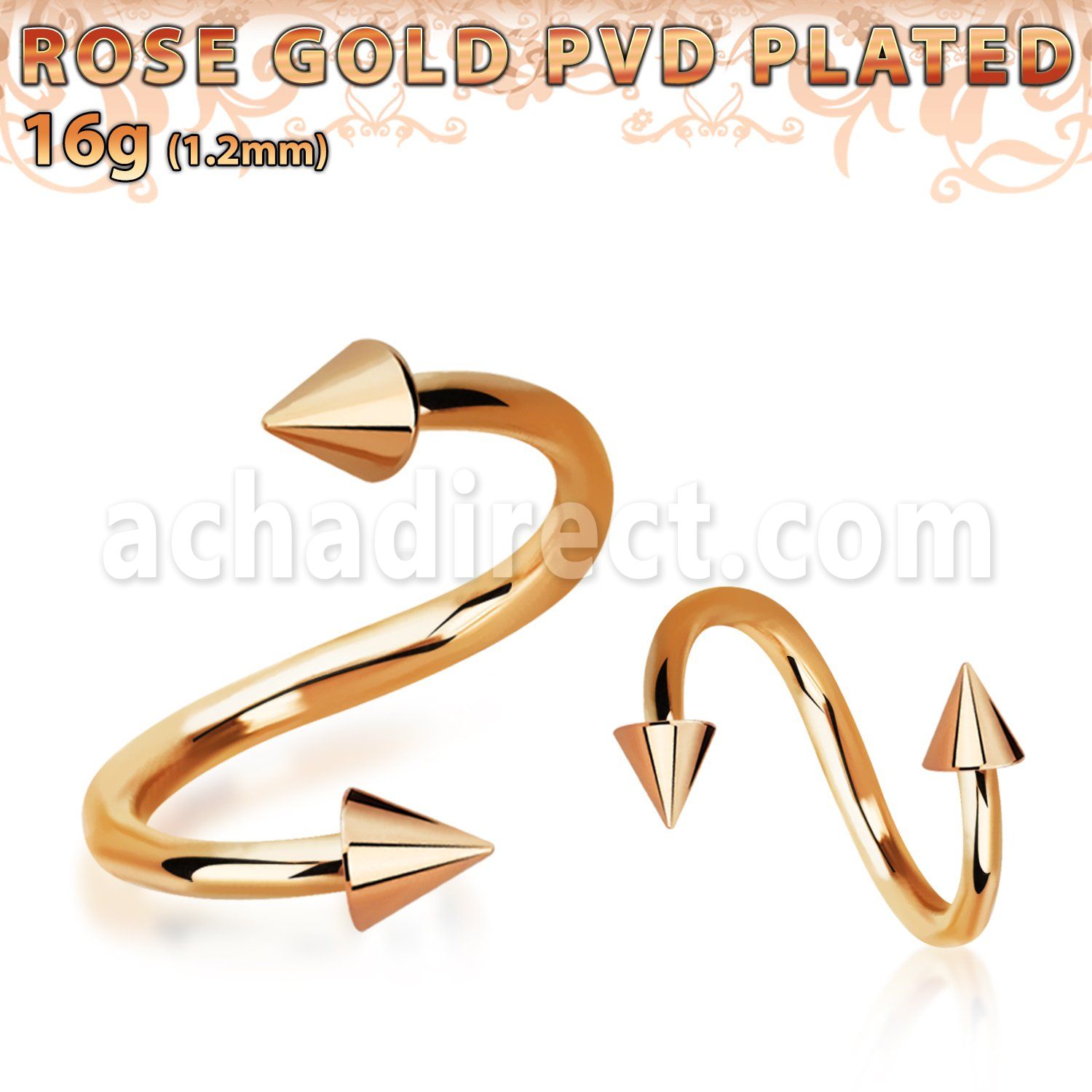 spettcn rose gold 316l steel eyebrow spiral, w two 3mm cones