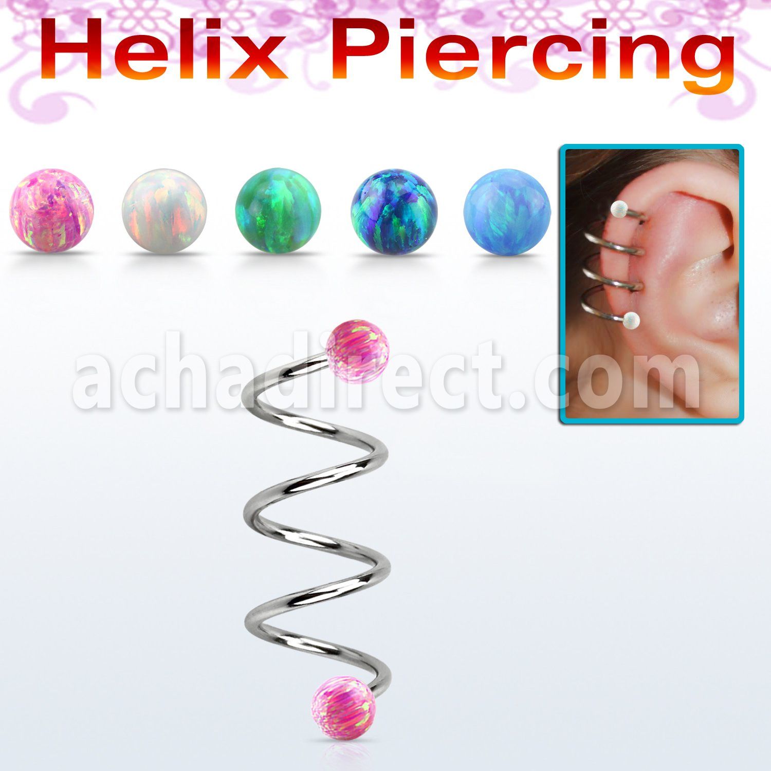 spheop triple steel helix spiral piercing w 4mm opal balls