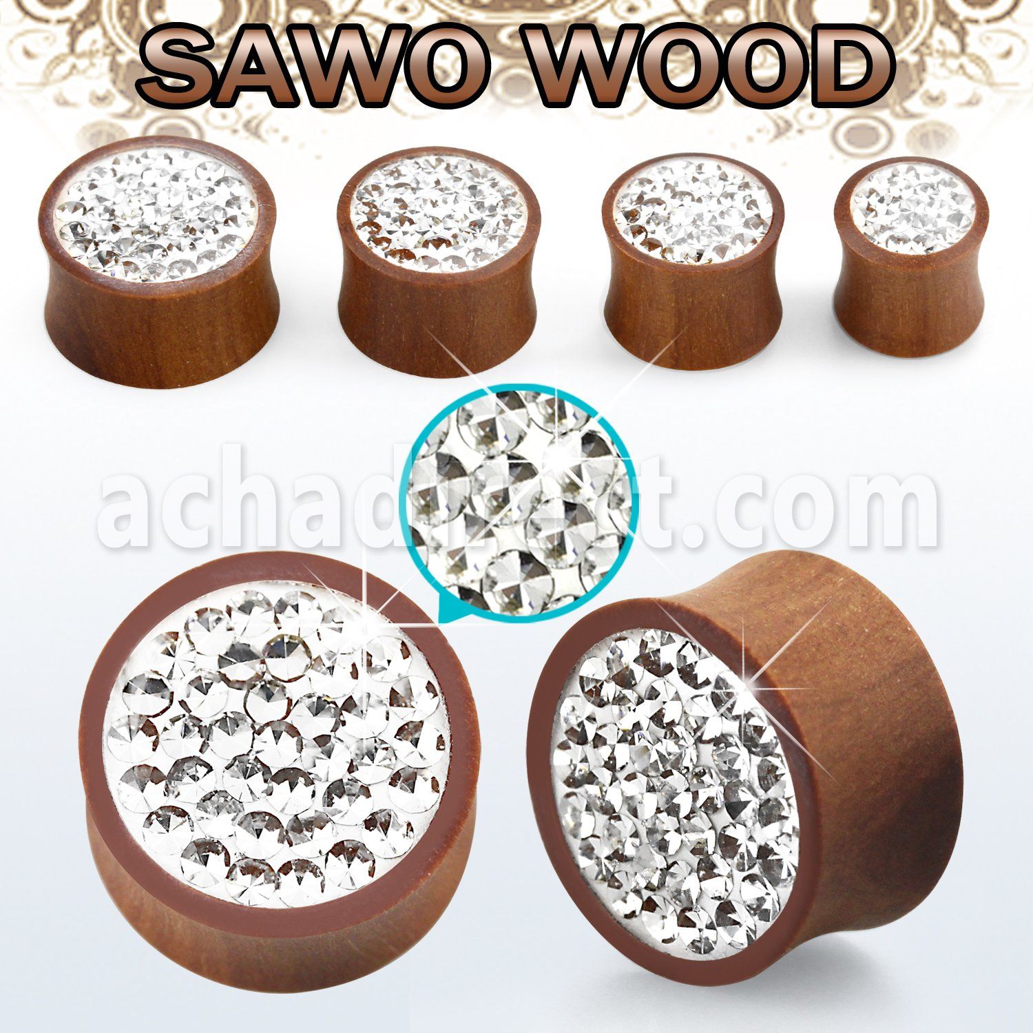 spmfr sawo wood double flare plug w clear ferido multi crystal