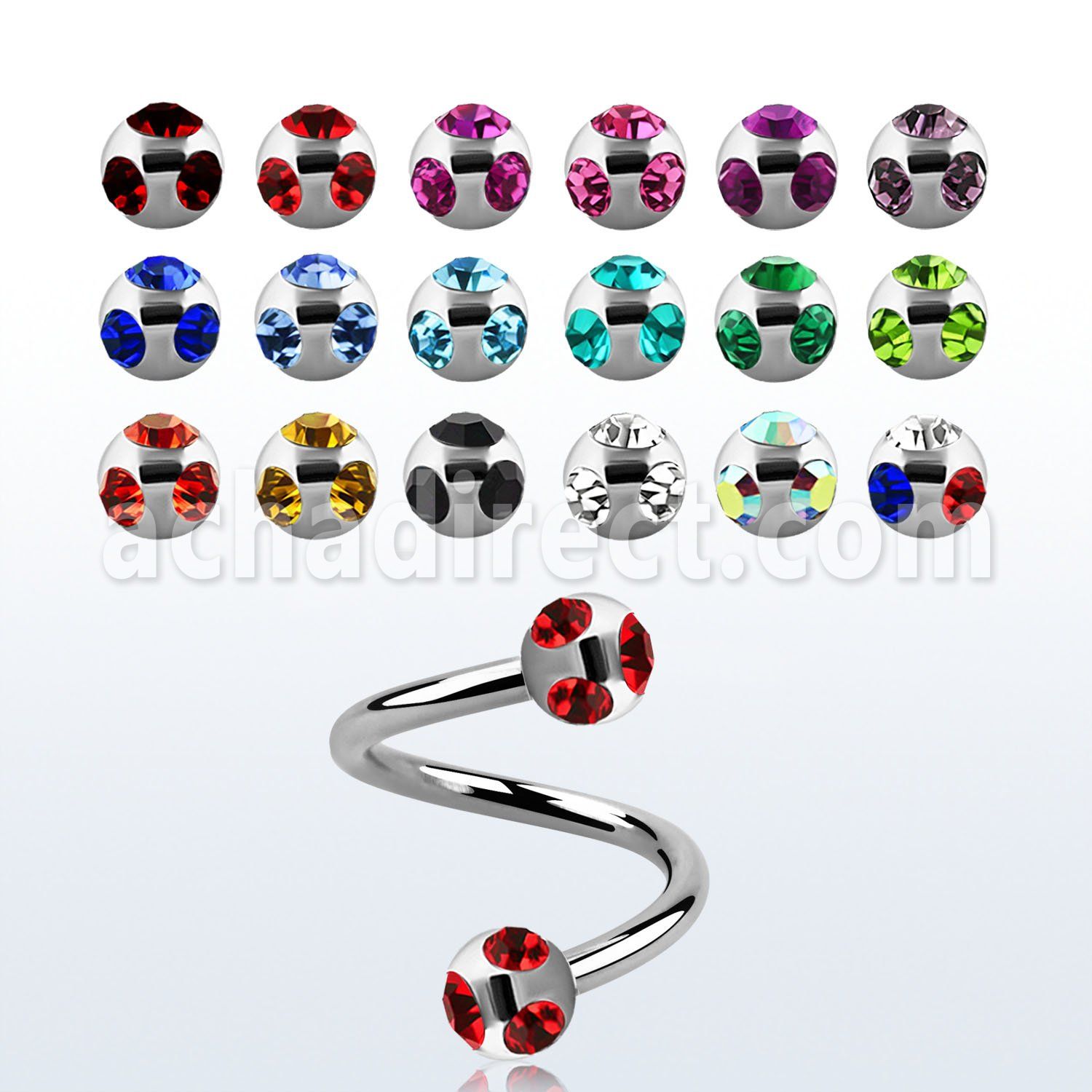 spmjb4 316l steel spiral with two 4mm multi crystal balls