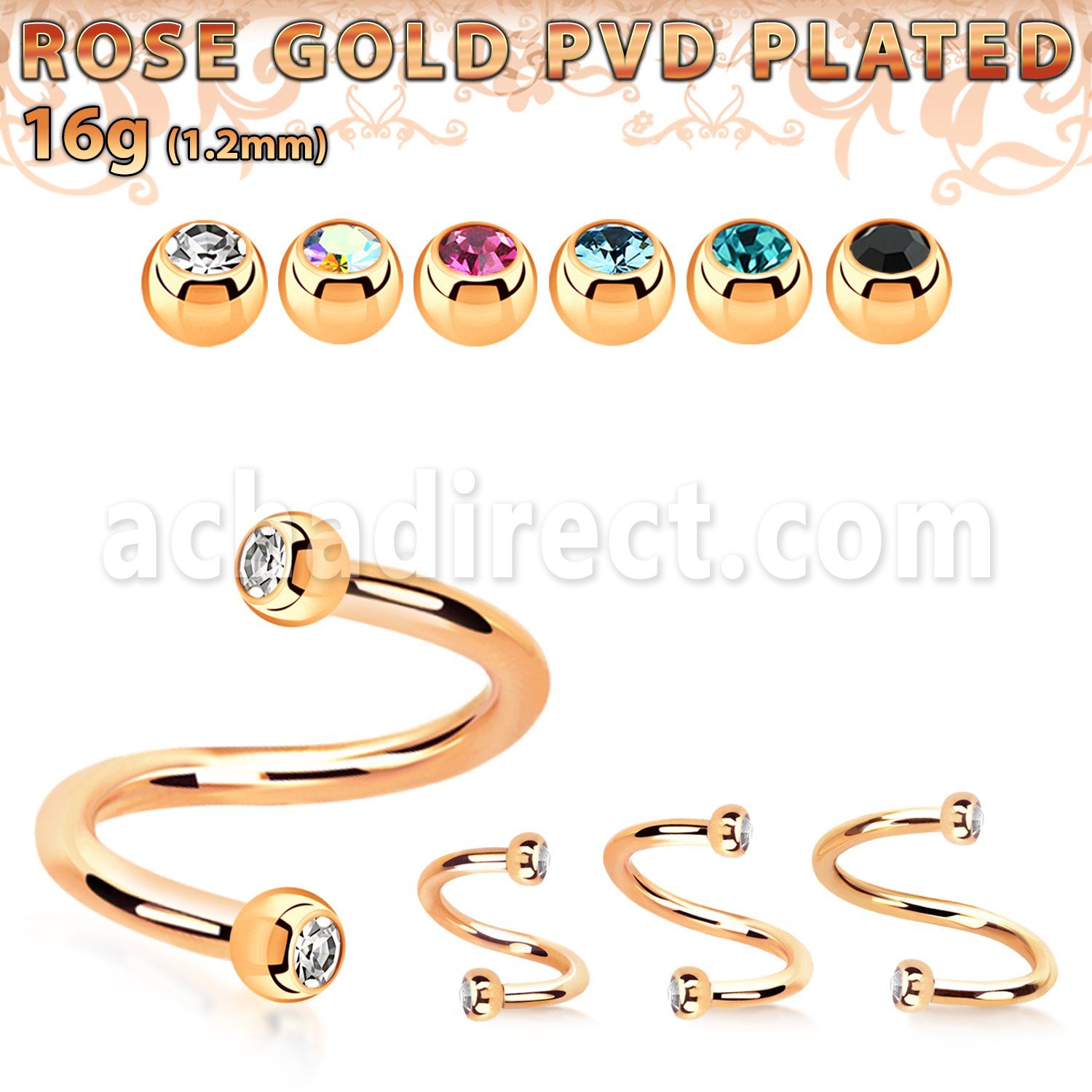 spttjb25 rose gold steel spiral w two tiny 2.5mm jewel balls