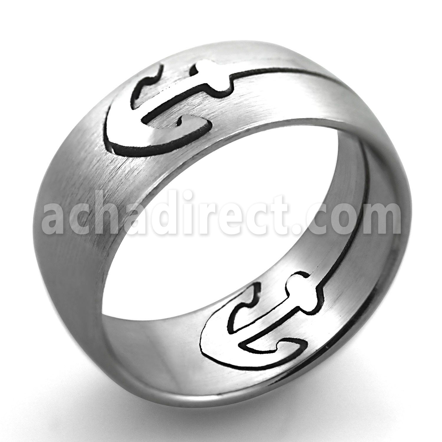 sr12 matte stainless steel gridded ring with cut out anchor